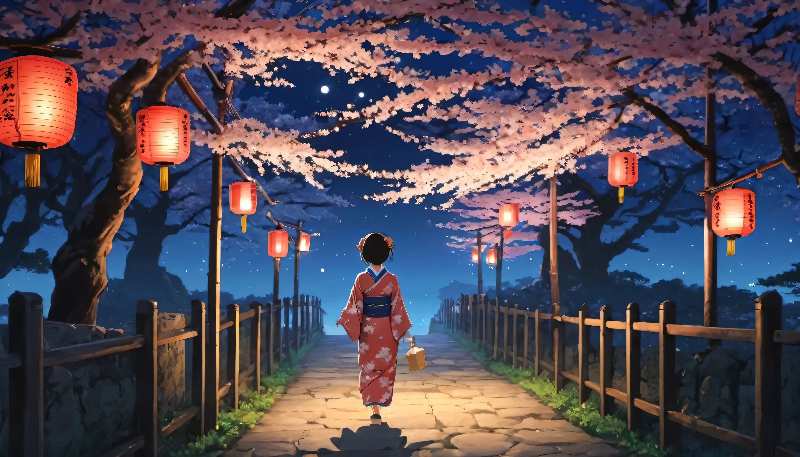 Cherry blossom tree-lined path、Japanese lantern、A woman wearing a typical Japanese kimono looks up at the night sky、moonlight、Illustrations that give you a feel of the world of Studio Ghibli anime