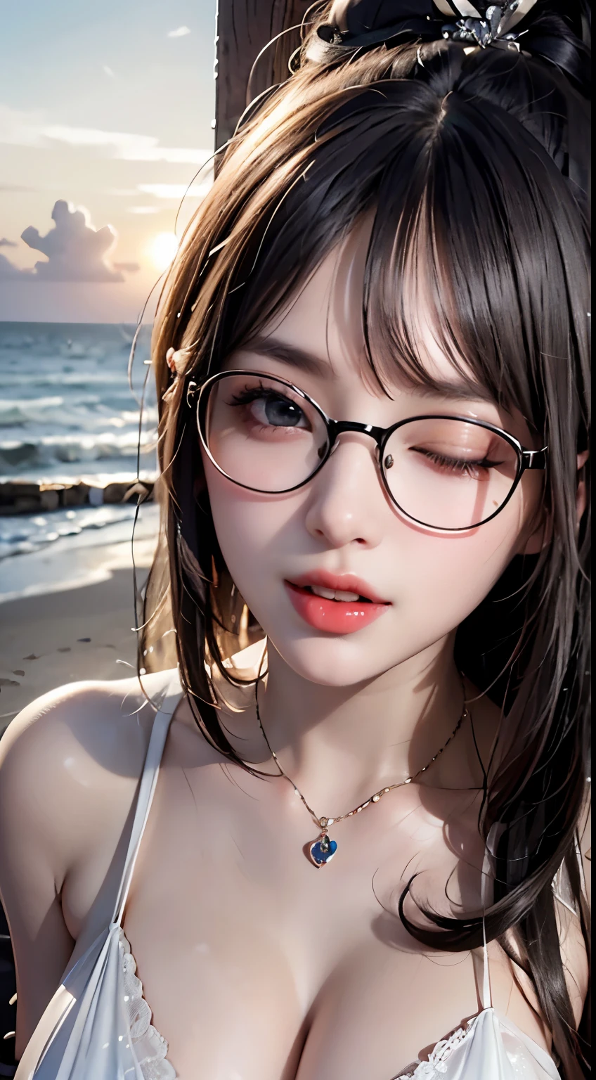 Mustepiece, top quality, illustration, ultra-definition, detailed, high resolution, 8K wallpaper, perfect dynamic composition, beautiful eyes in every detail, wearing a dress, natural colored lips, beach, random cute pose, Wearing glasses, perfect and beautiful face, cute, sexy face, sunset, feminine face