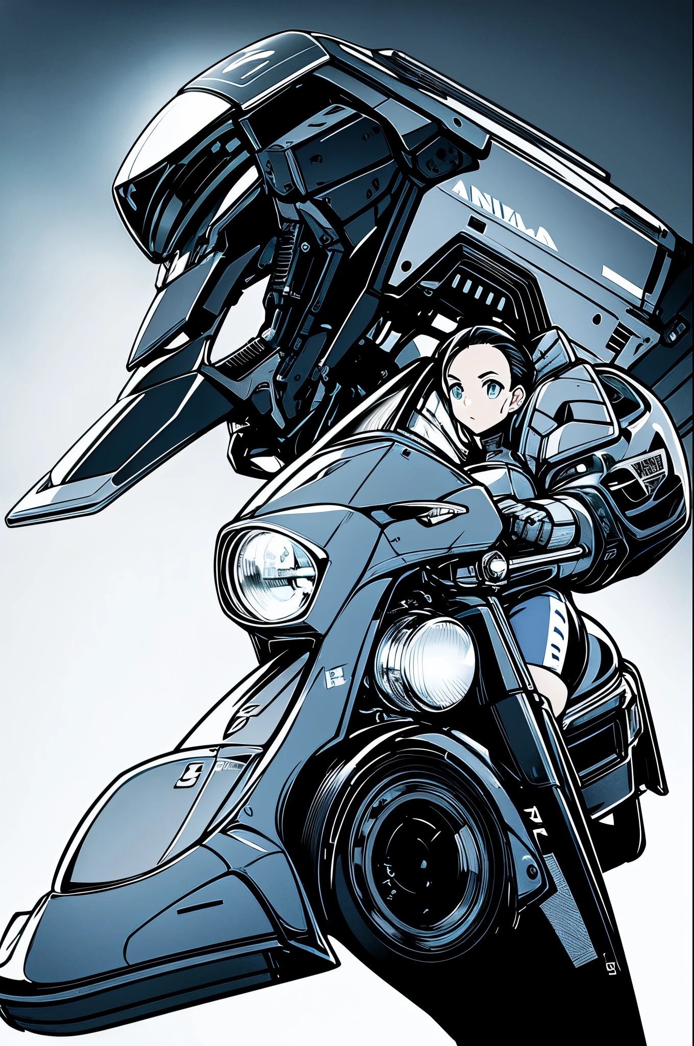 highest quality, masterpiece, photograph, 4k, photographrealistic, very detailed, one girl riding a bike, tech wear, cyberpunk city, alone, futuristic, huge moon in the background, black and white YAMAHA cartoon　line drawing