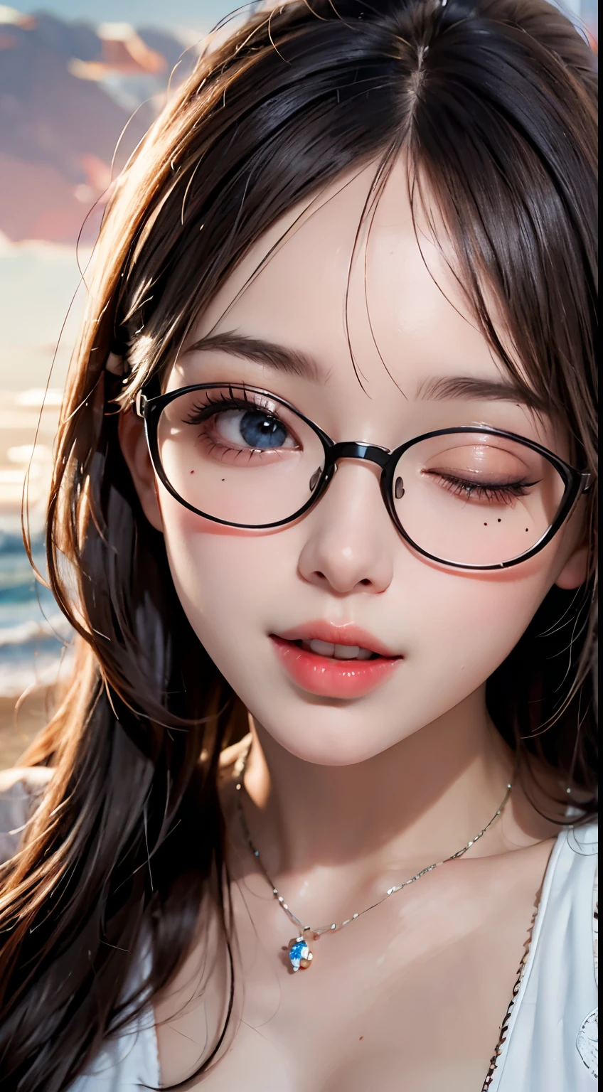 Mustepiece, top quality, illustration, ultra-definition, detailed, high resolution, 8K wallpaper, perfect dynamic composition, beautiful eyes in every detail, wearing a dress, natural colored lips, beach, random cute pose, kissing face, eyes closed, Wearing glasses, perfect and beautiful face, cute, sexy face, sunset, ecstasy face, feminine face, excited expression from sex