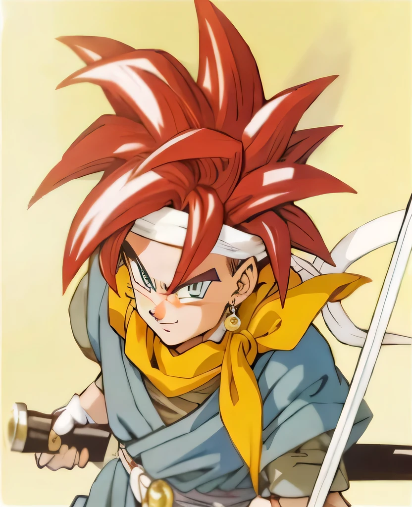 a close-up of a person with a sword and a scarf, crono, retrato crono, crono gatilho guilty gear style, crono gatilho, Personagem de Dragon Ball, best personagem de anime design, akiri toriyama, Shikanosuke Yagaki, personagem de anime, super querido, estilo Akira Toriyama, toriyama akira