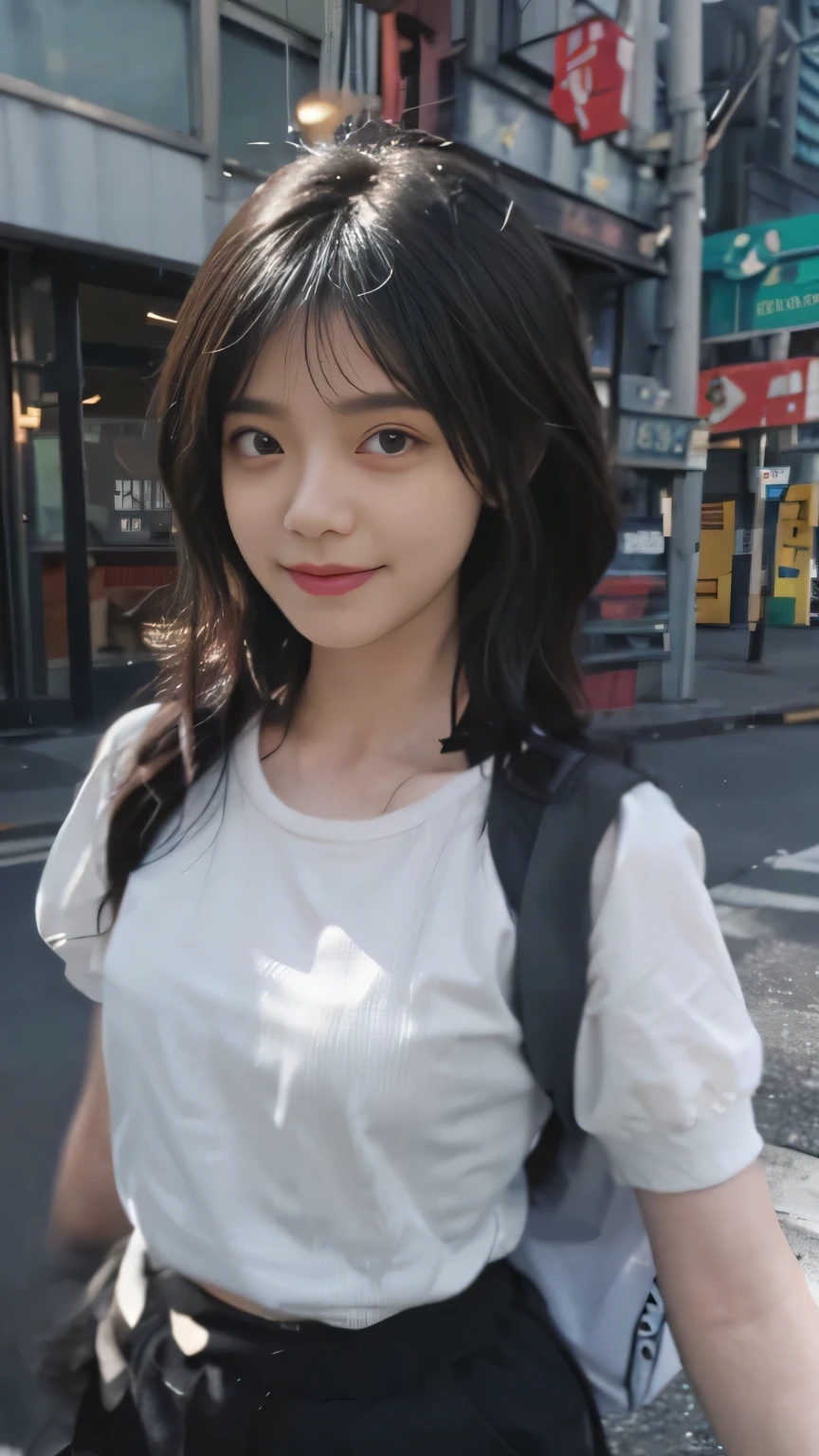 ((best quality, 8k, masterpiece: 1.3)), focus: 1.2, perfect body beautiful: 1.4, (layered hairstyle: 1.2), (dark street: 1.3), Highly detailed facial and skin textures, whole body, beautiful eyes, double eyelids, long hair, (round face: 1.5), (short sleeves, shorts: 1.6), Smile,(White shirt), （realistically：1.4），original photo，street