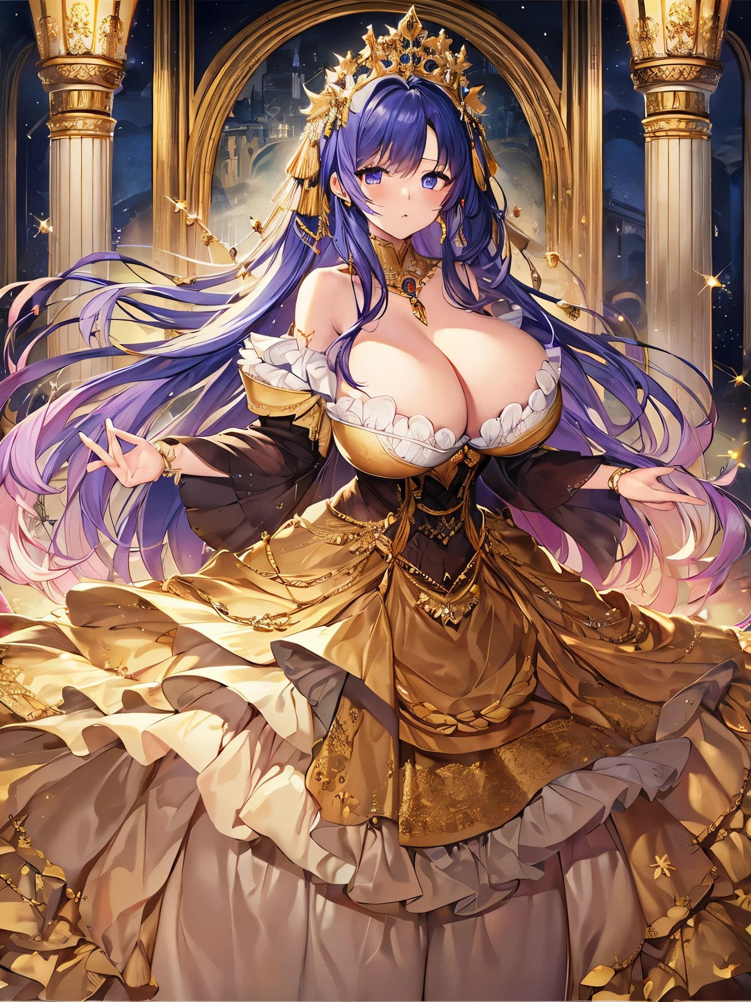 (((anime moe artstyle))),((game CG art)),((Masterpiece)),(Best Quality), (Super Detail),(((Very Delicate and Beautiful))),Solo,((full body)),full body,((1 princess in a beautiful embroidery and jeweled enormous luxurious voluminous crinoline rococo ballgown)),(((very very gigantic tits,cleavage,curvy))),Skindentation,((castle)),((crinoline,long train,voluminous full length hoop skirt)),beautiful embroidery and jeweled,((enormous luxurious voluminous crinoline rococo ballgown)),(detailed face and eyes),jewel-like eyes,((extremely voluminous straight Hair,Extremely Long Straight Hair)),extremely gorgeous hair ornament,((extremely gorgeous bling-bling big tiara)),bling-bling luxurious jewelry,(Dynamic Angle),((beautiful embroidery and jeweled gorgeous enormous luxurious voluminous crinoline rococo ballgown)),voluminous full length hoop skirt,(full body)