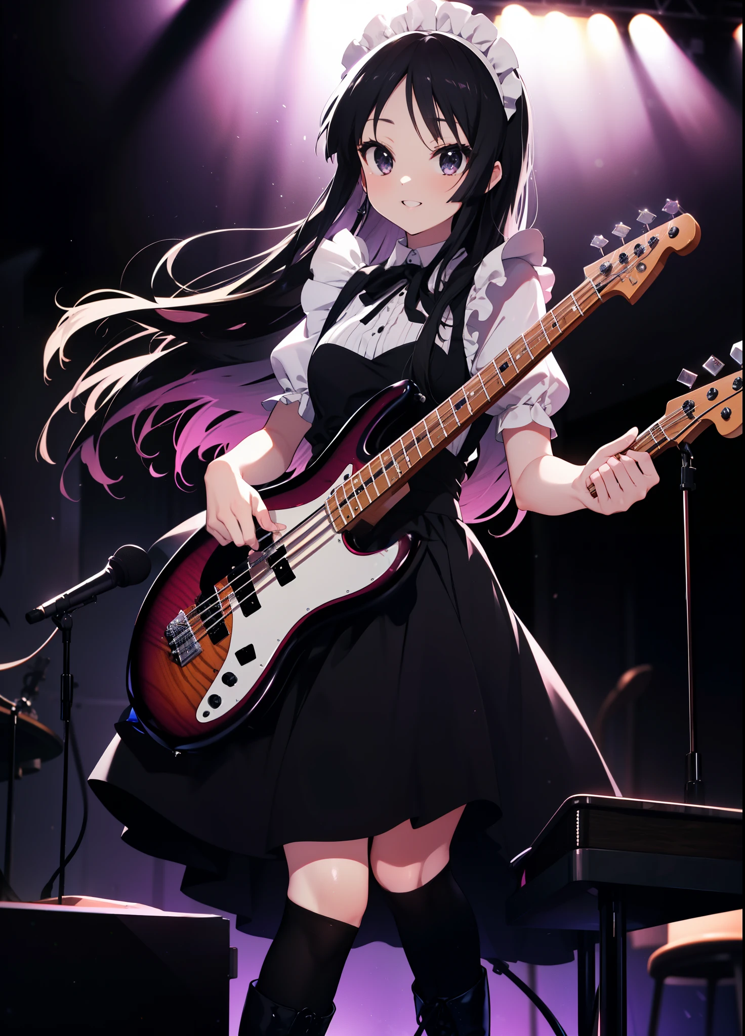 Mount Mimyeon, mio akiyama, (black ruby eye:1.5), black hair, long hair, maid,long skirt,black tights,short boots,left handed base(fender jazz bass)play、rock band concert, musical instrument performance, stageパフォーマンス, hot air,happy atmosphere、Clip Studio、shape of transparency and brightness,close ~ eye、laughter,stage,On stage,break (table top:1.2), highest quality, High resolution, unity 8k wallpaper, (shape:0.8), (beautiful and fine eye:1.6), highly detailed face, perfect lighting, Detailed CG, (perfect hands, perfect anatomy),