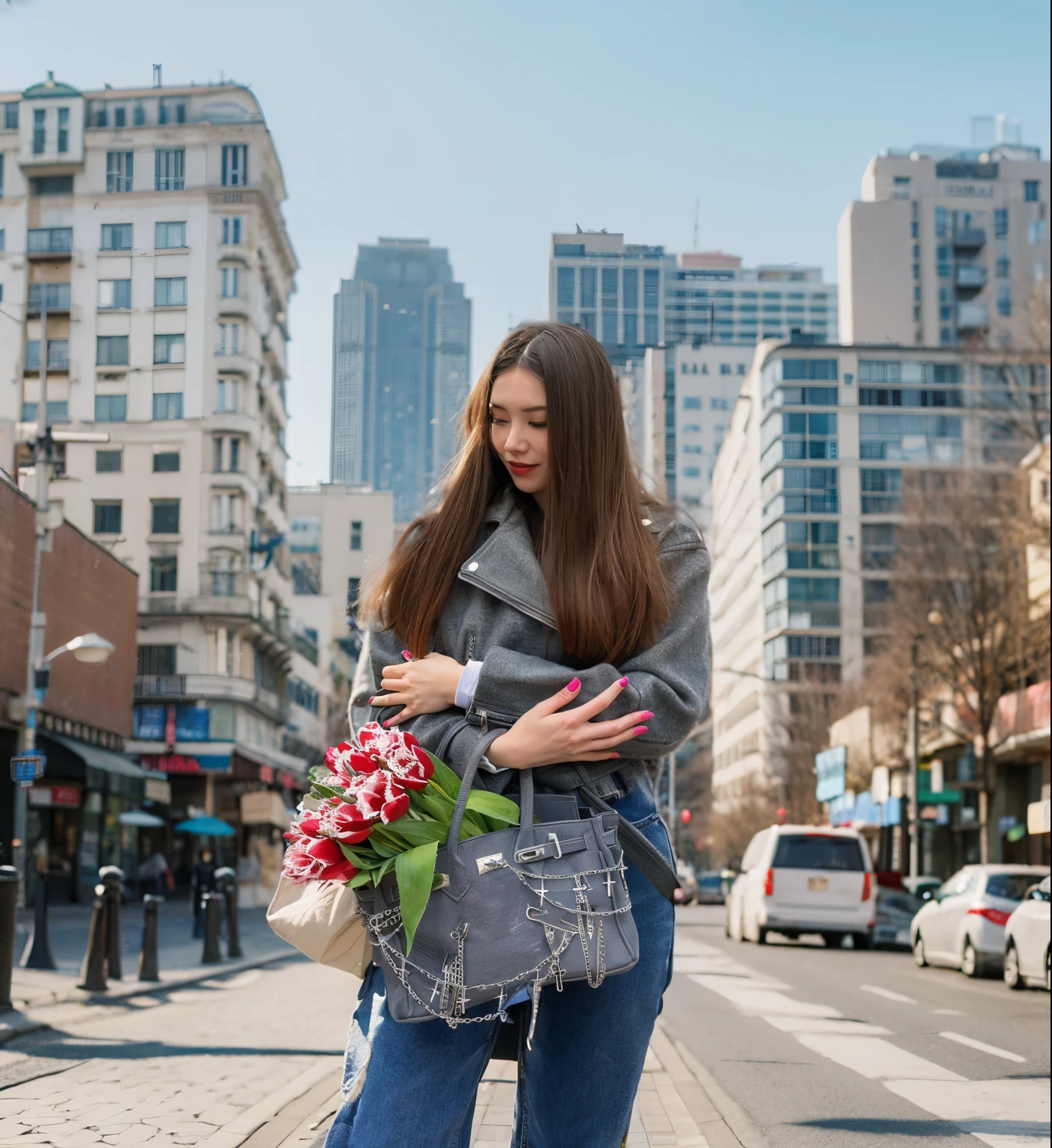 A girl stands against the background of the city, Vesna, spring weather, street, bokeh effect, realistic photo, high quality