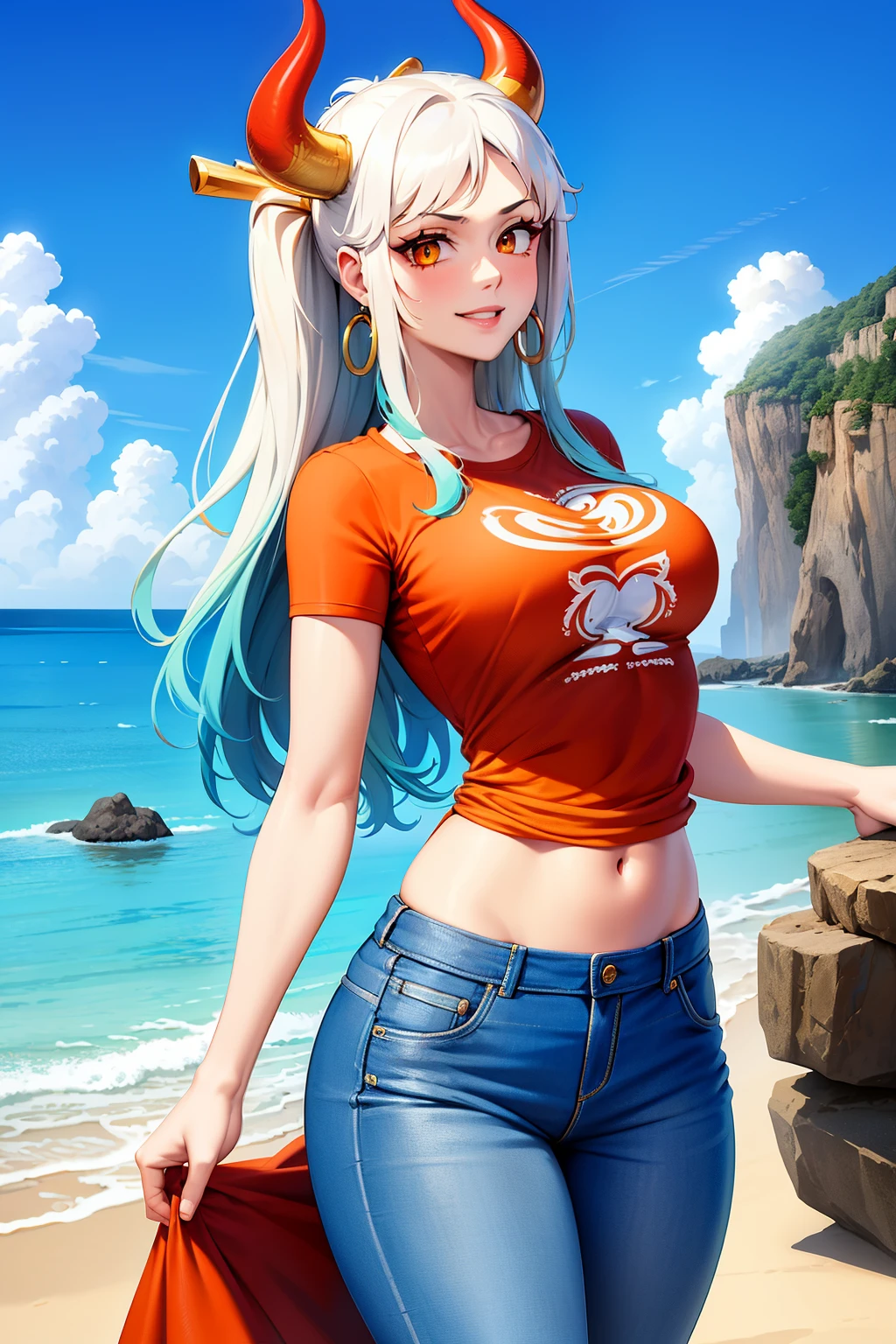 masterpiece, ((ultra detailed background, delicate pattern, intricate detail)), (highly detailed, fine details), best quality,beautiful lighting, (((medium breasts, slim girl, very slim girl))), (close-up, portrait), YamatoV2, long hair, 1girl, horns, white hair, solo, oni, red horns, curled horns, hair ornament, (multicolored horns), jewelry, earrings, jeans, t-shirt, round neck, outdoors, cowboy shot, hair stick, aqua hair, sidelocks, hoop earrings, hakama, smile, wide smile, ((orange eyes)), complex detailed background, outside, nature environment, rocks, sunny, blue sky, sky,