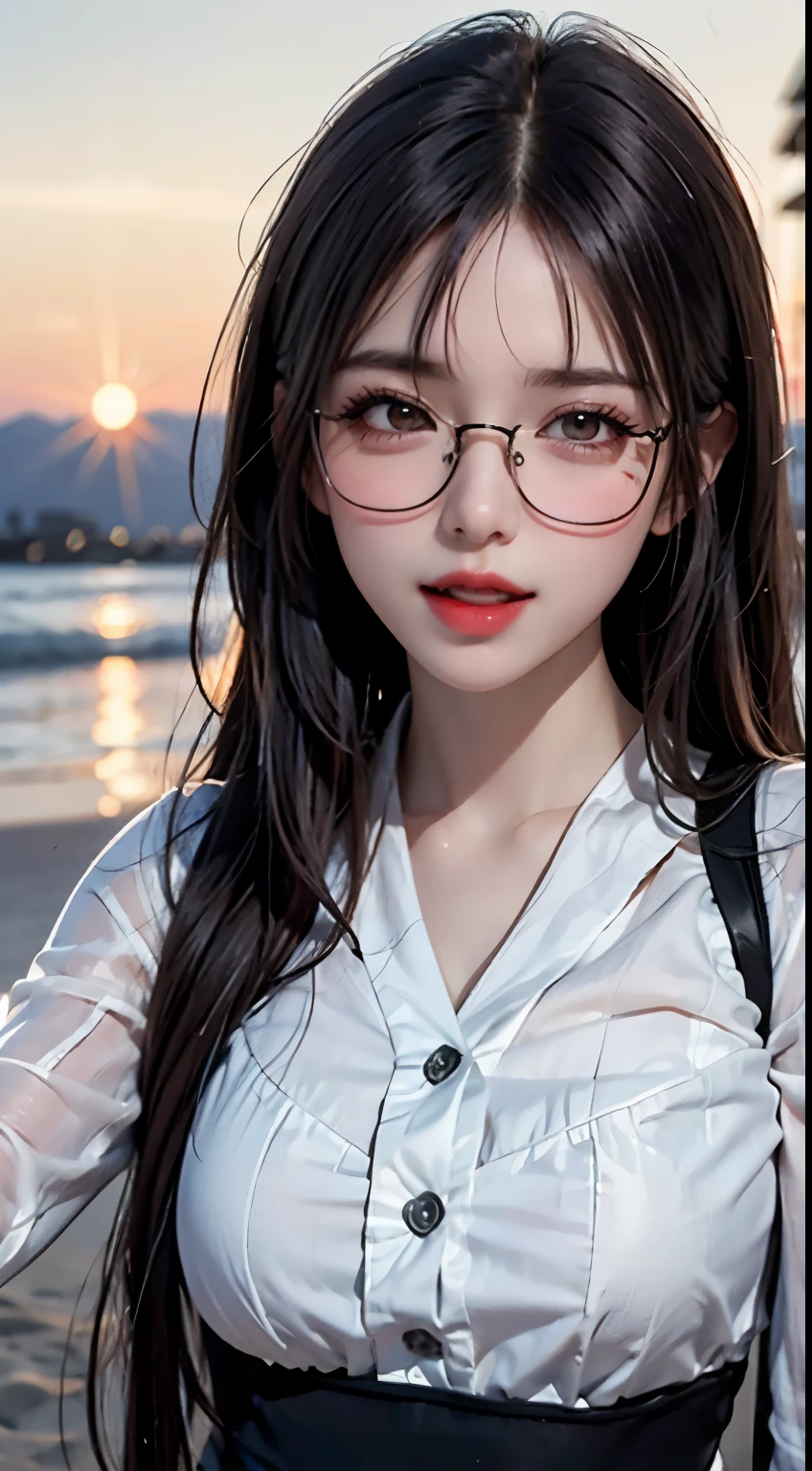 Mustepiece, top quality, illustration, ultra-definition, detailed, high resolution, 8K wallpaper, perfect dynamic composition, beautiful eyes in every detail, wearing a dress, natural colored lips, beach, random cute pose, kissing face, eyes closed, Wearing glasses, perfect and beautiful face, cute, sexy face, sunset, ??????? face, feminine face, excited expression from sex