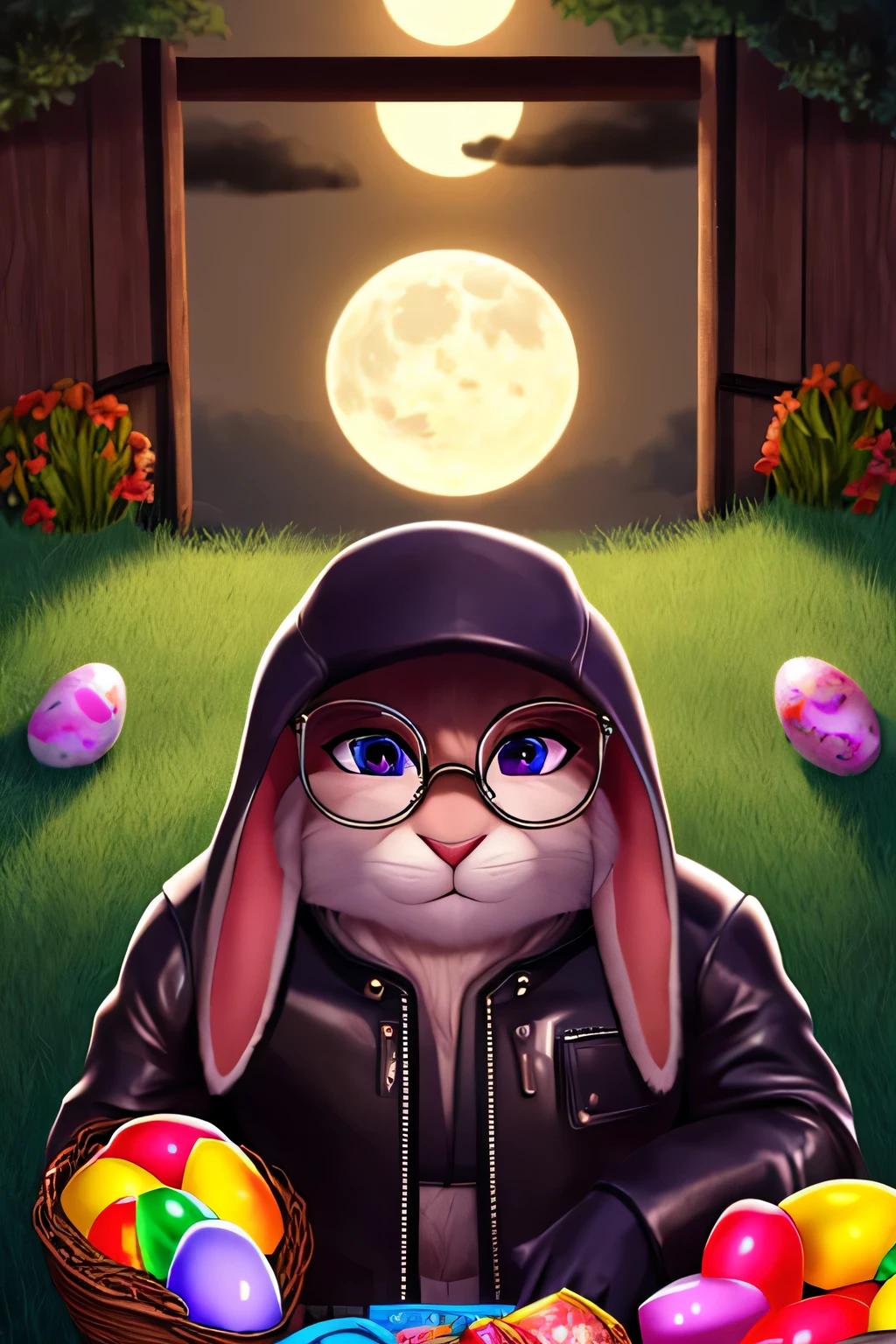 8k, ultra high detail, ultra realistic, unreal engine, ultra high quality, ultra high definition, cinematic, cool bunny rabbit, wearing glasses and leather jacket, wearing snickers, holding a basket of easter eggs, moonlight in the background