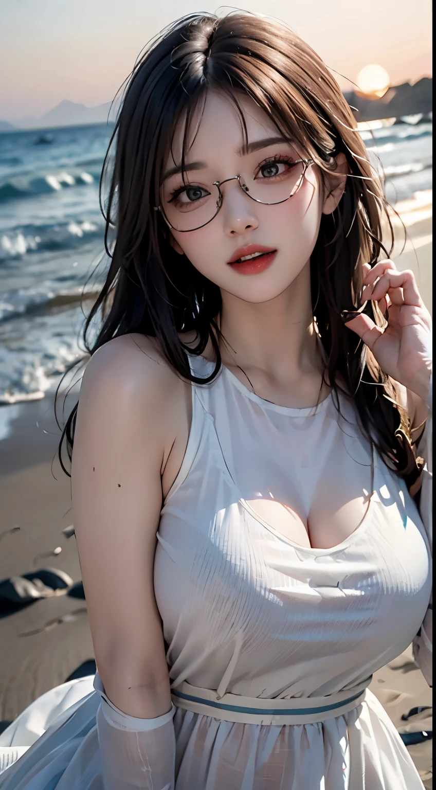 Mustepiece, top quality, illustration, ultra-definition, detailed, high resolution, 8K wallpaper, perfect dynamic composition, beautiful eyes in every detail, wearing a dress, natural colored lips, beach, random cute pose, kissing face, eyes closed, Wearing glasses, perfect and beautiful face, cute, sexy face, sunset, ecstasy face, feminine face, excited expression from sex