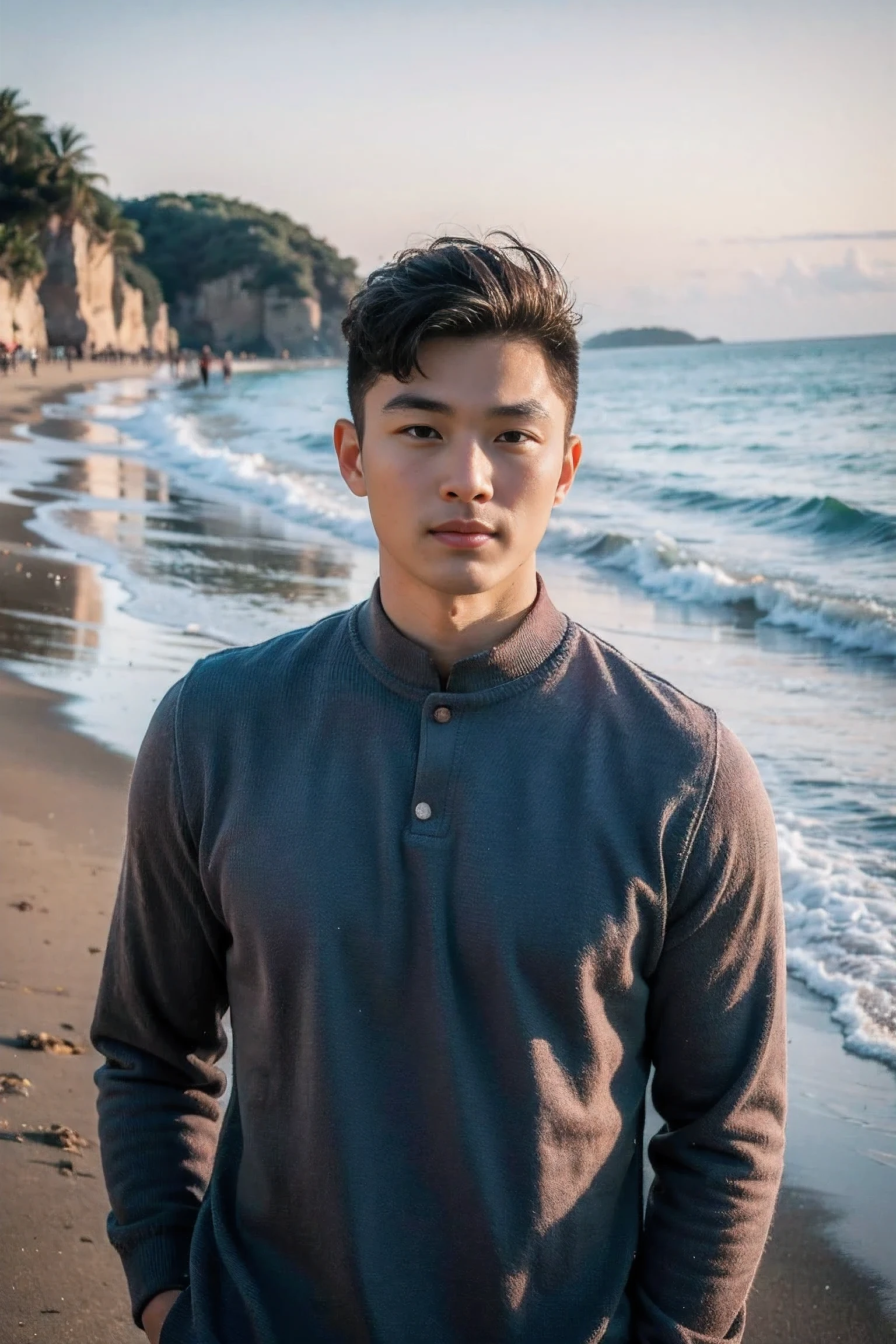 Realistic photography, 8k , Handsome Chinese man , beach