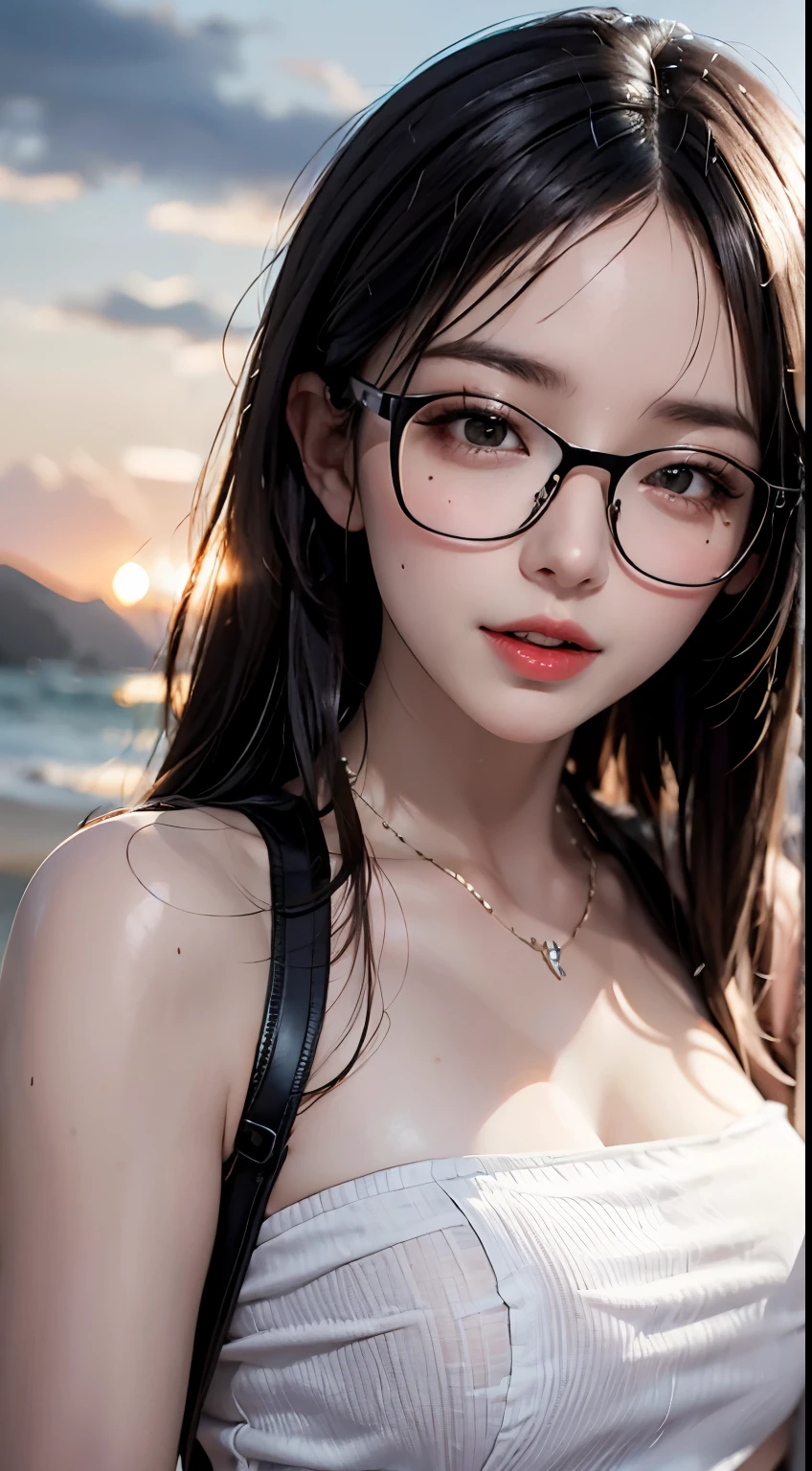 Mustepiece, top quality, illustration, ultra-definition, detailed, high resolution, 8K wallpaper, perfect dynamic composition, beautiful eyes in every detail, wearing a dress, natural colored lips, beach, random cute pose, kissing face, eyes closed, Wearing glasses, perfect and beautiful face, cute, sexy face, sunset, ecstasy face, feminine face, excited expression from sex