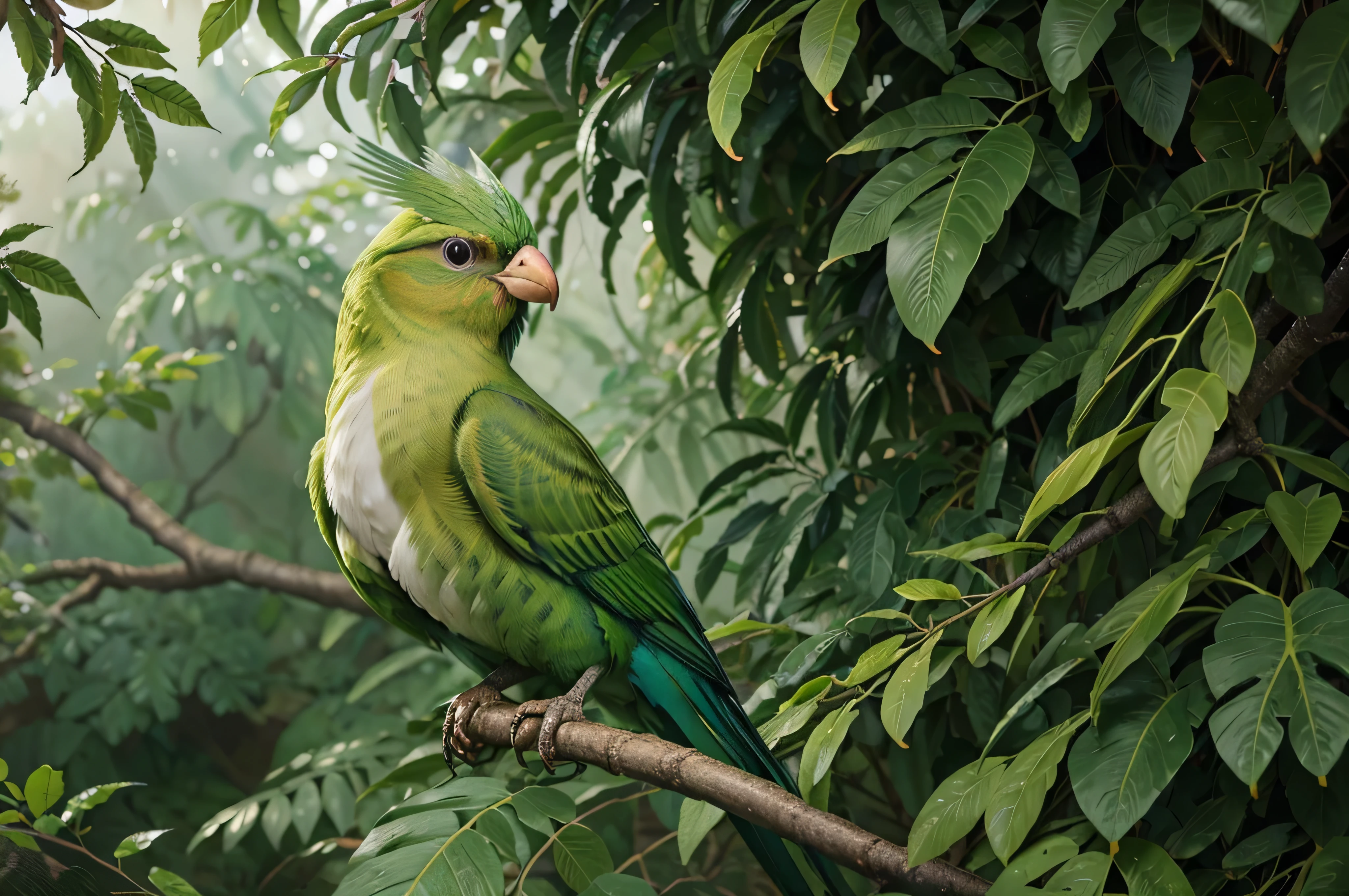 painting of a green bird perched on a branch with leaves, quetzal, birds f cgsociety, green head, full color illustration, digital painting highly detailed, wildlife illustration, greenish tinge, anthropomorphic bird, surrealistic bird, exquisite digital illustration, a beautiful artwork illustration, procreate illustration, highly detailed digital painting, a surrealistic bird