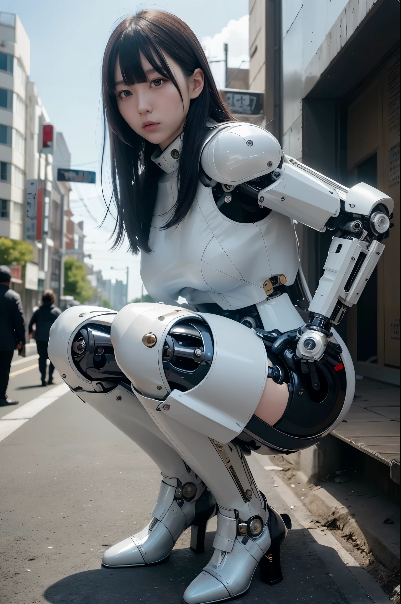 masterpiece, Best Quality, Extremely detailed, 8K Portrait,Japanese android girl,Plump ,control panels,android,Droid,Mechanical Hand, ,perfect robot woman,Robot arms and legs, Black hair,Mechanical body,white robot body,Blunt bangs,Charging spot,She is charging now, mechanical ear covers,android,robot humanoid,black short pants,darkblack tights,She has disassembled,scrap yard