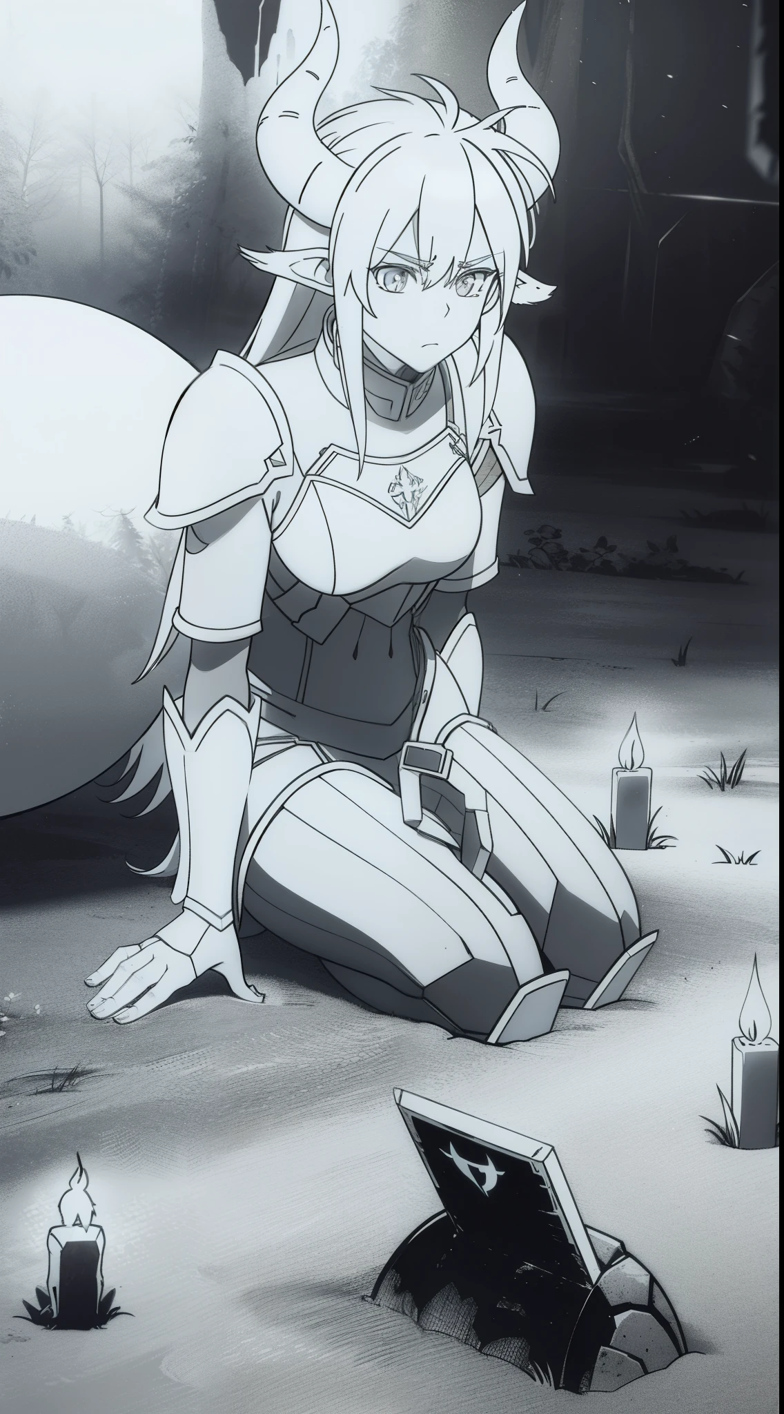 ,1girl,18s,horns,long hair,cathyl hair,templar armor,bored,gray scale,forest in night