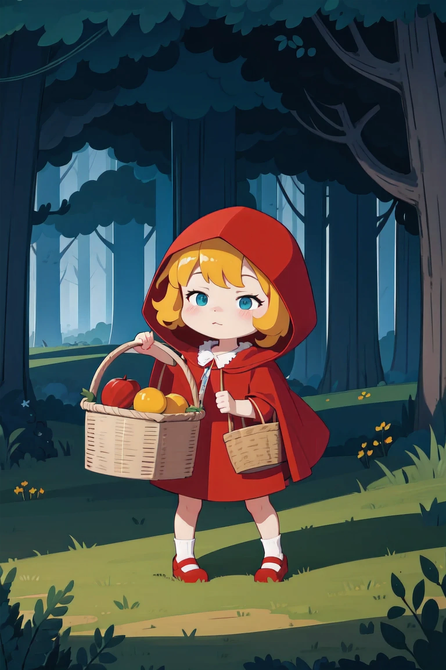 Little Red Riding Hood holds a basket ,forest