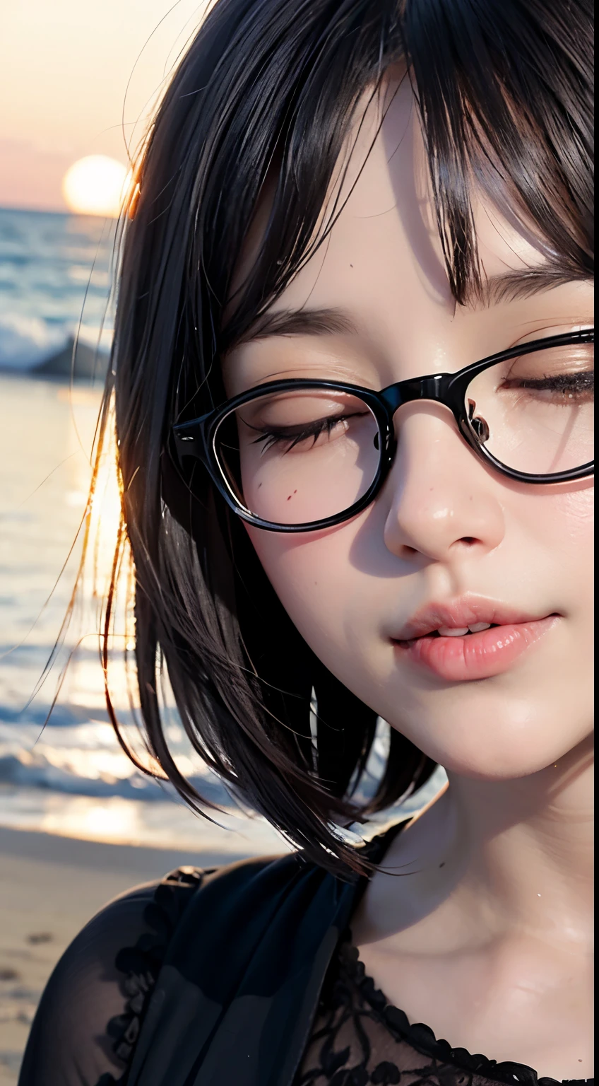 Mustepiece, top quality, illustration, ultra-definition, detailed, high resolution, 8K wallpaper, perfect dynamic composition, beautiful eyes in every detail, wearing a dress, natural colored lips, beach, random cute pose, kissing face, eyes closed, Wearing glasses, perfect and beautiful face, cute, sexy face, sunset, ecstasy face, feminine face