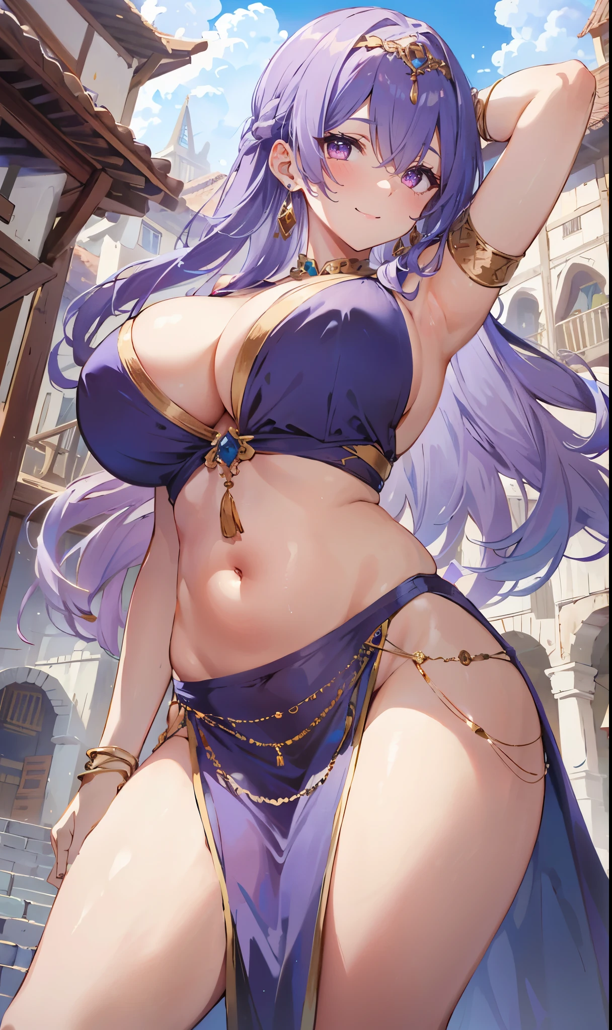 high quality, ultra detailed, best quality, insanely detailed, beautiful, masterpiece, 1girl, plaza, medieval Europe, cowboy shot, red eyes, long hair, light purple hair, (belly dancer, harem outfit, pelvic curtain:1.2), purple costume, bare legs, circlet, earrings, armlets, bracelets, bashful smile, dancing, large breasts, cleavage, soft stomach