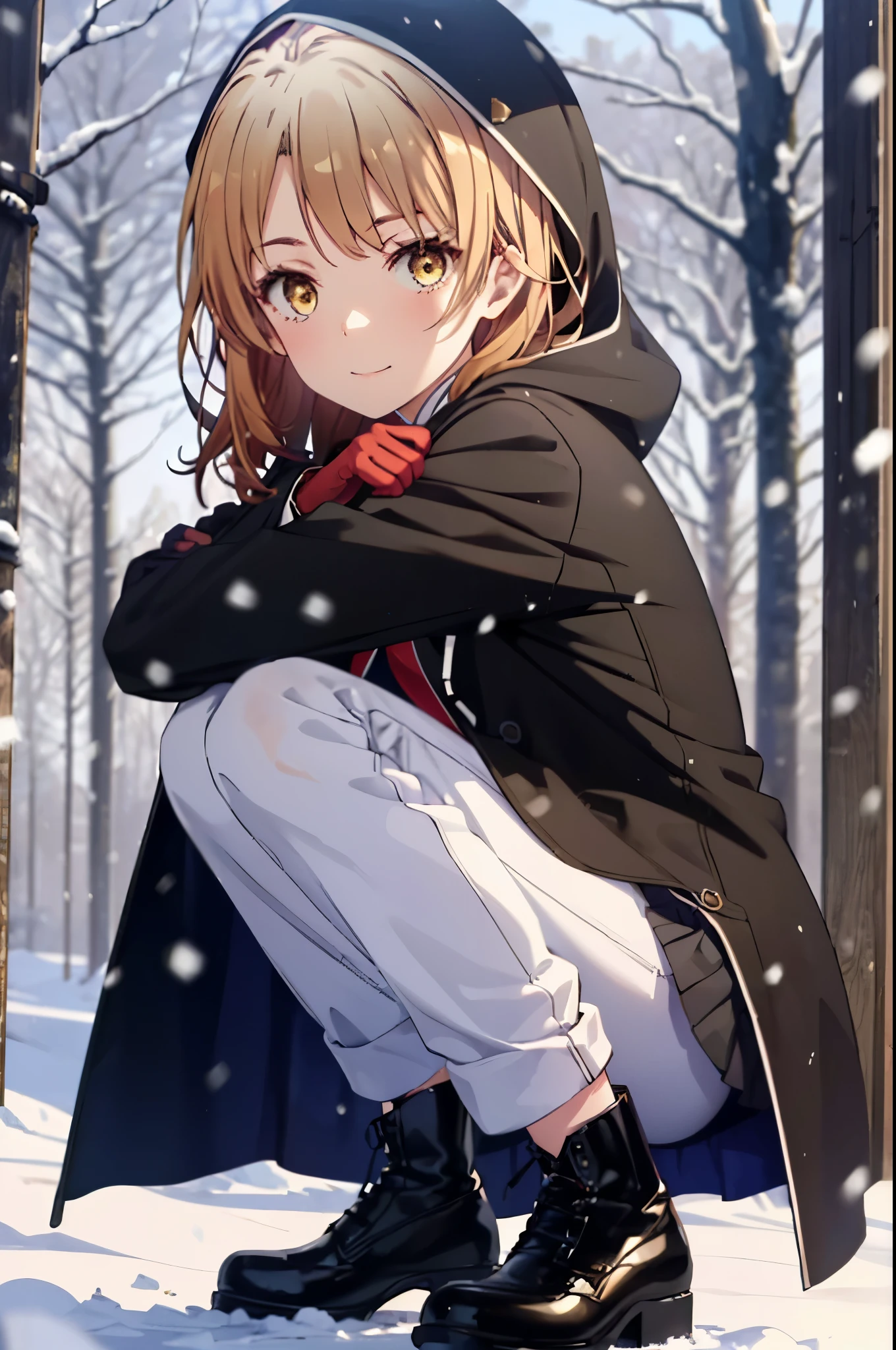 irohaisshiki, iroha isshiki, brown hair, (brown eyes:1.5), smile,snow, long hair, hood, fire, outdoors, brown hair, boots, snowing, From the side, wood, suitcase, cloak, blurry, hood up, forest, gloves, nature, brown eyes, red gloves, squat, closed mouth, hooded cloak, winter, Depth of the bounds written, black shoes, red cloak,black pantyhose,
break looking at viewer,
break (masterpiece:1.2), highest quality, High resolution, unity 8k wallpaper, (figure:0.8), (detailed and beautiful eyes:1.6), highly detailed face, perfect lighting, Very detailed CG, (perfect hands, perfect anatomy),