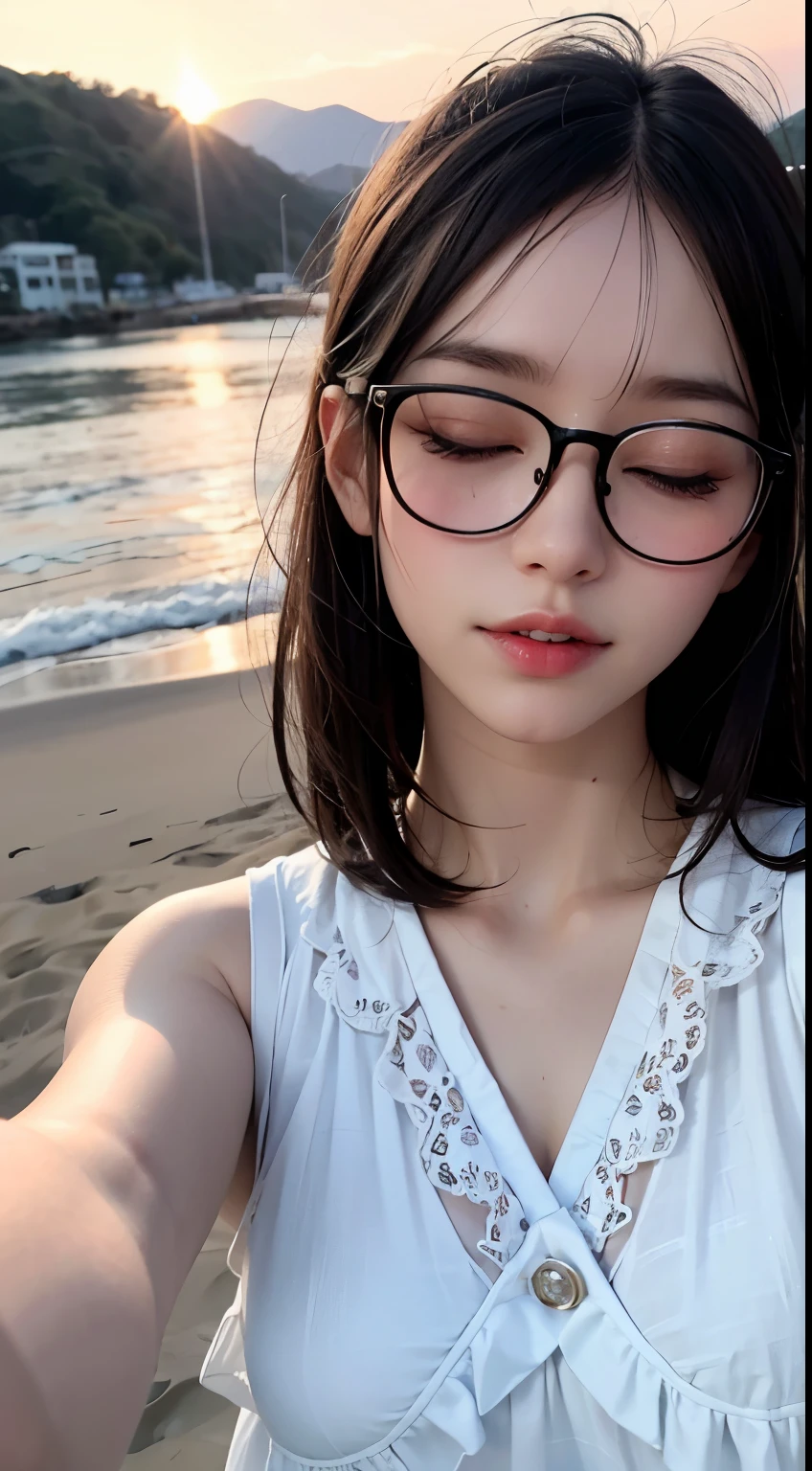 Mustepiece, top quality, illustration, ultra-definition, detailed, high resolution, 8K wallpaper, perfect dynamic composition, beautiful eyes in every detail, wearing a dress, natural colored lips, beach, random cute pose, eyes closed, Wearing glasses, perfect and beautiful face, cute, sexy face, sunset, ecstasy face, feminine face