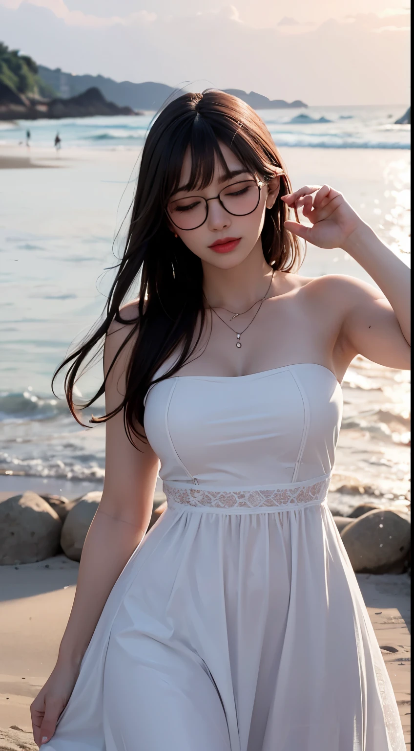 Mustepiece, top quality, illustration, ultra-definition, detailed, high resolution, 8K wallpaper, perfect dynamic composition, beautiful eyes in every detail, wearing a dress, natural colored lips, beach, random cute pose, eyes closed, Wearing glasses, perfect and beautiful face, cute, sexy face, sunset, feminine face