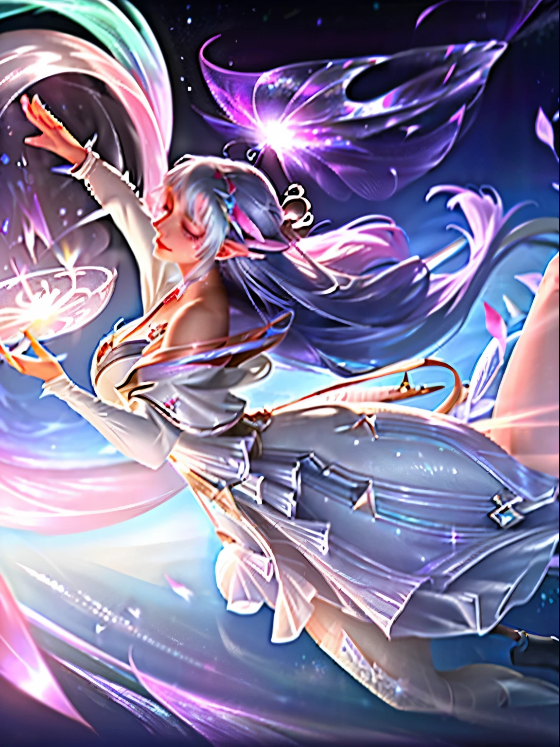(ethereal, dreamlike), (white hair girl), (dancing in the space), (floating dress), (graceful movements), cosmic background, celestial glow, serene atmosphere, hypnotic, enchanting, otherworldly, seamless motion, high resolution, detailed textures, ethereal lighting, mesmerizing
