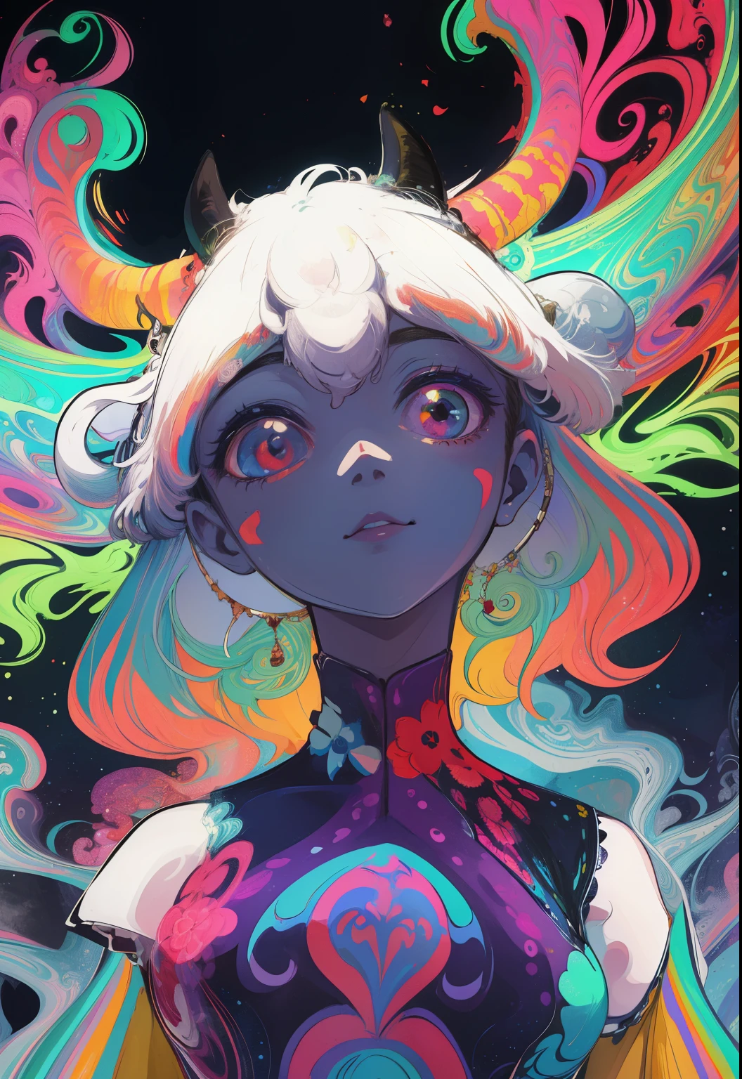 (psychedelic art:1.5), (from below:1.2), complicated clothes, Upper body, eyes closed,goat, ,There are flowers,