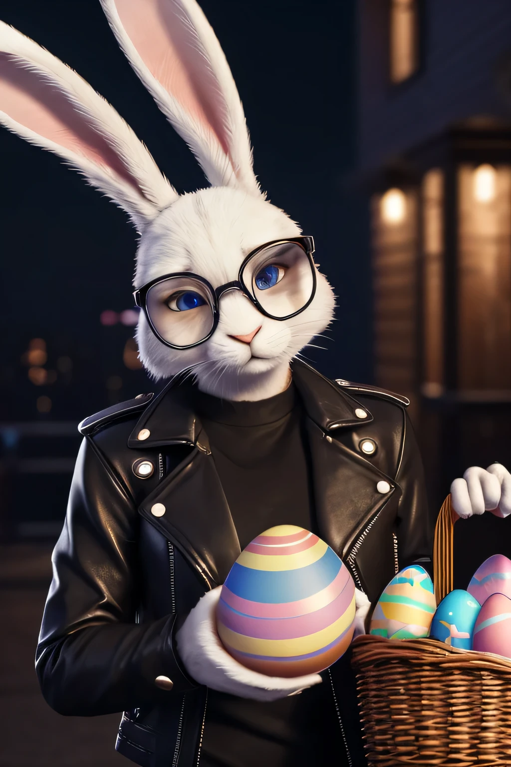 8k, ultra high detail, ultra realistic, unreal engine, ultra high quality, ultra high definition, cinematic, cool bunny rabbit, wearing glasses and leather jacket, wearing snickers, holding a basket of easter eggs, moonlight in the background