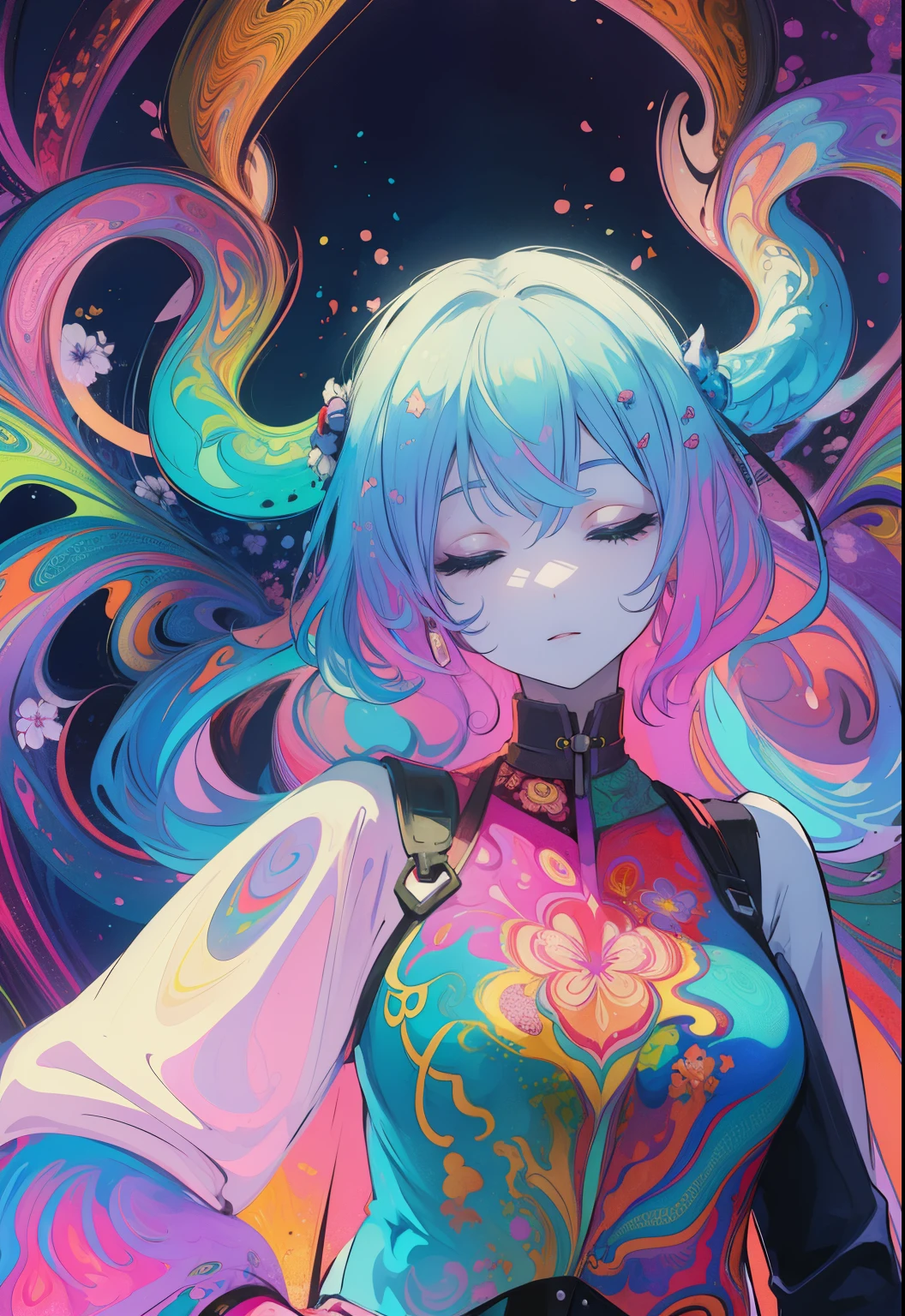(psychedelic art:1.5), (from below:1.2), complicated clothes, Upper body, eyes closed,goat, ,There are flowers,