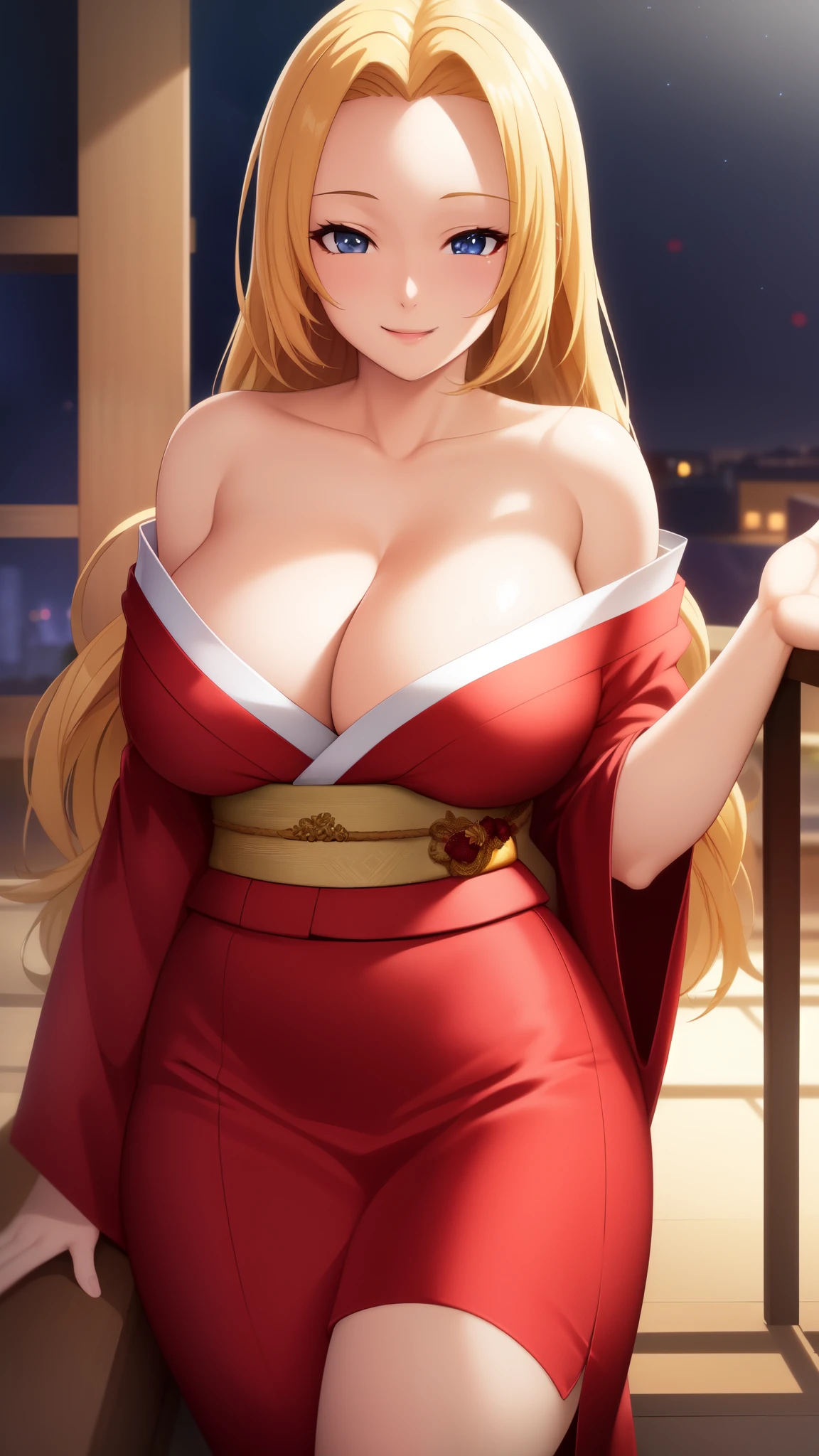 (best quality:1.5, highres, UHD, 4K, detailed lighting, shaders, HDR, hand depiction, anime style), blonde long hair, forehead, large breasts, off shoulder kimono, cleavage, smiling, close shot, night background, sexy, erotic