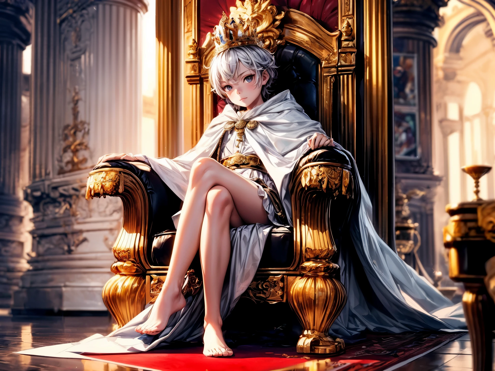 ((1 woman with penis, erect penis)),((with a cape on the back, with crown))),((medium breasts, bare breasts, erect breasts, grasping breasts)),((short white hair)), ((red eyes, calm face)),((sitting on a golden throne, sitting backwards, right leg over left leg)),((in an evil haunted castle, at night)),((1 arm behind the back )),