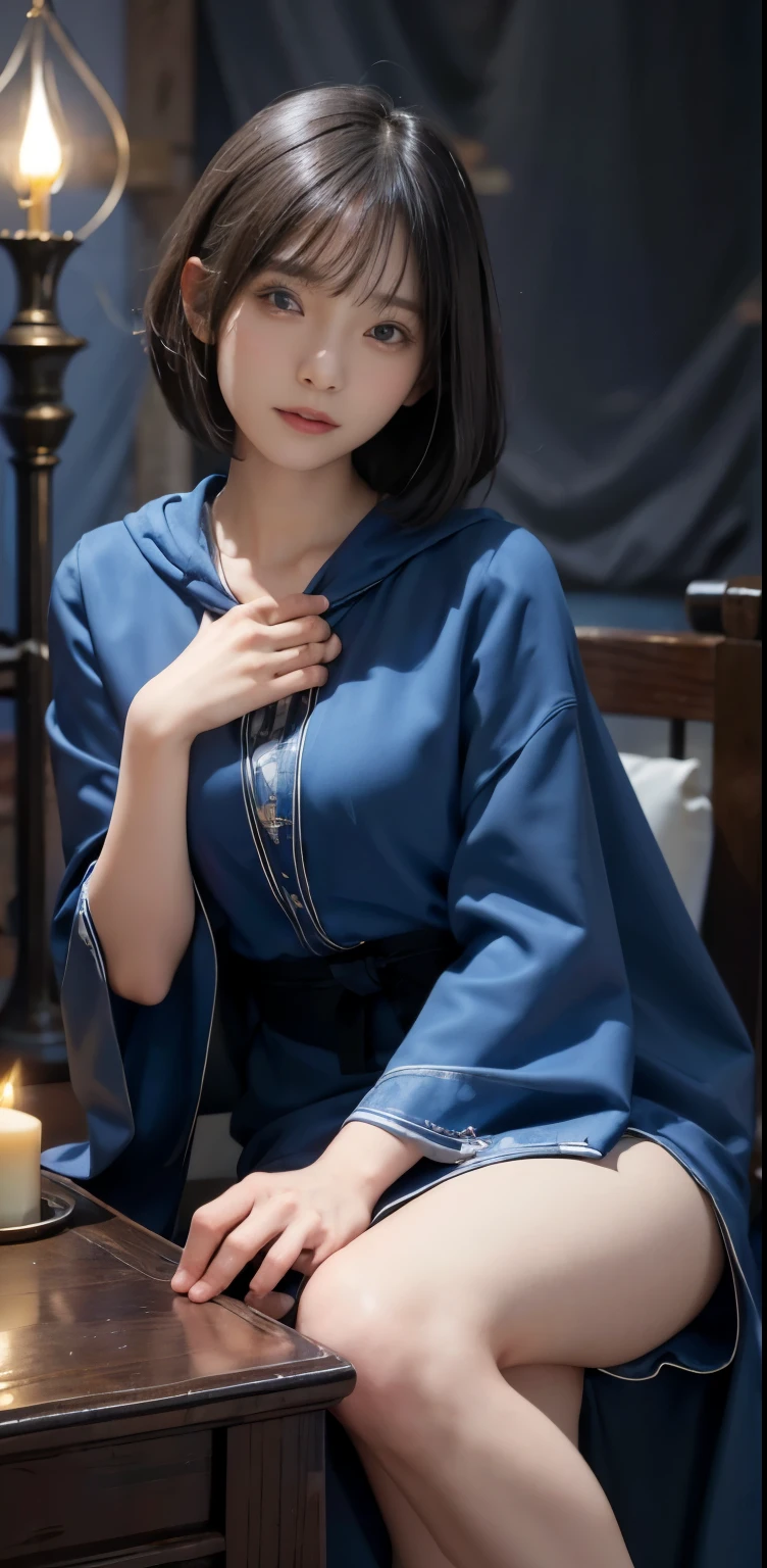 masterpiece, 1 beautiful girl, fine eyes, puffy eyes, highest quality, 超High resolution, (reality: 1.4), candle light in a dark room,A young woman sitting at a desk telling fortunes with tarot cards,1 girl, cinematic lighting, Japan, asian beauty, super beautiful, beautiful skin, thin, body facing forward, (超reality的な), (High resolution), (8k), (very detailed), (best illustrations), (beautifully fine eyes), (Super detailed) , detailed face, wearing a blue robe or cloak, , short hair, black hair, 46 point diagonal bangs, Church based on white, Neat atmosphere,
