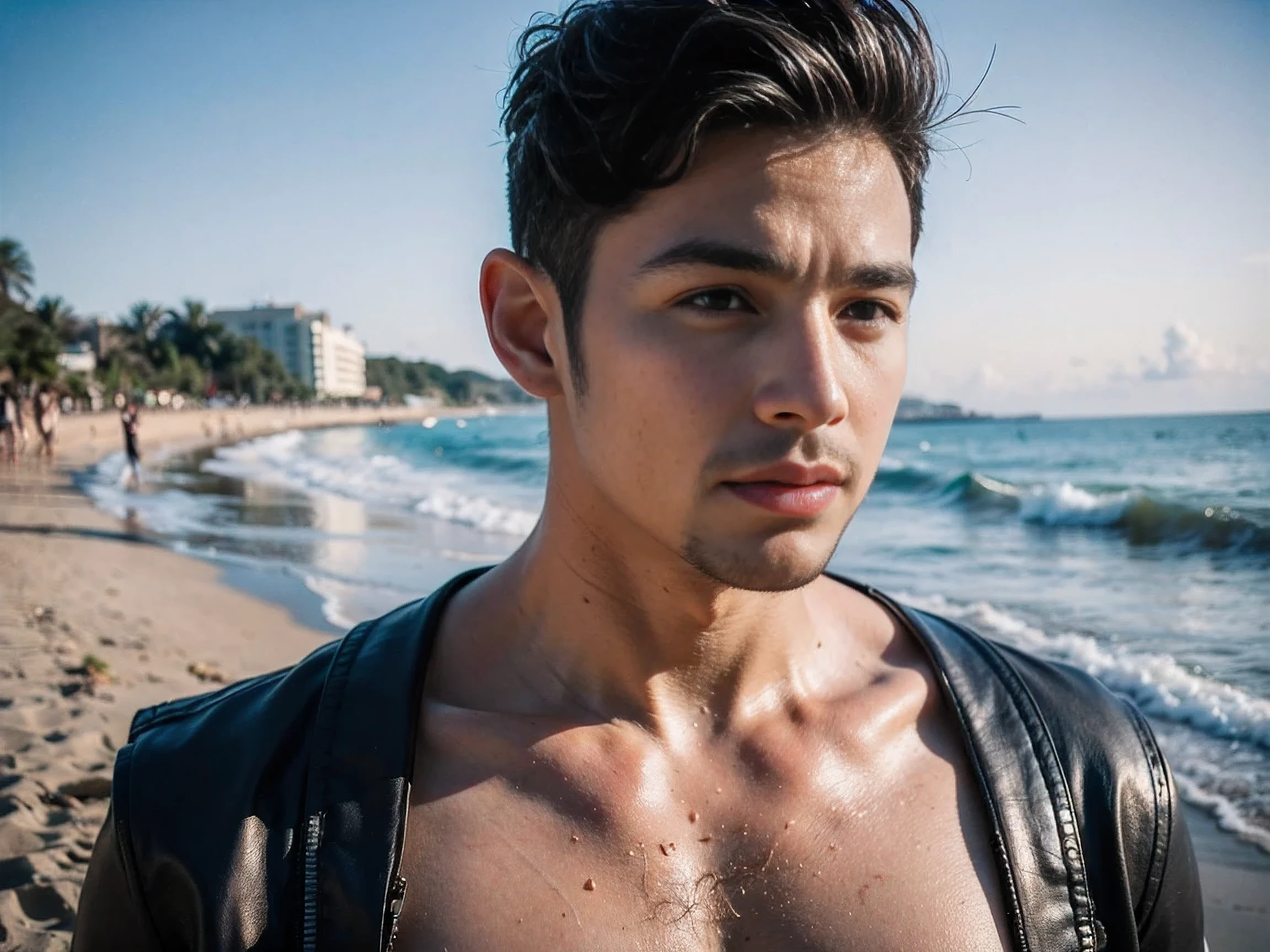 Realistic photography, 8k , handsome man , beach
