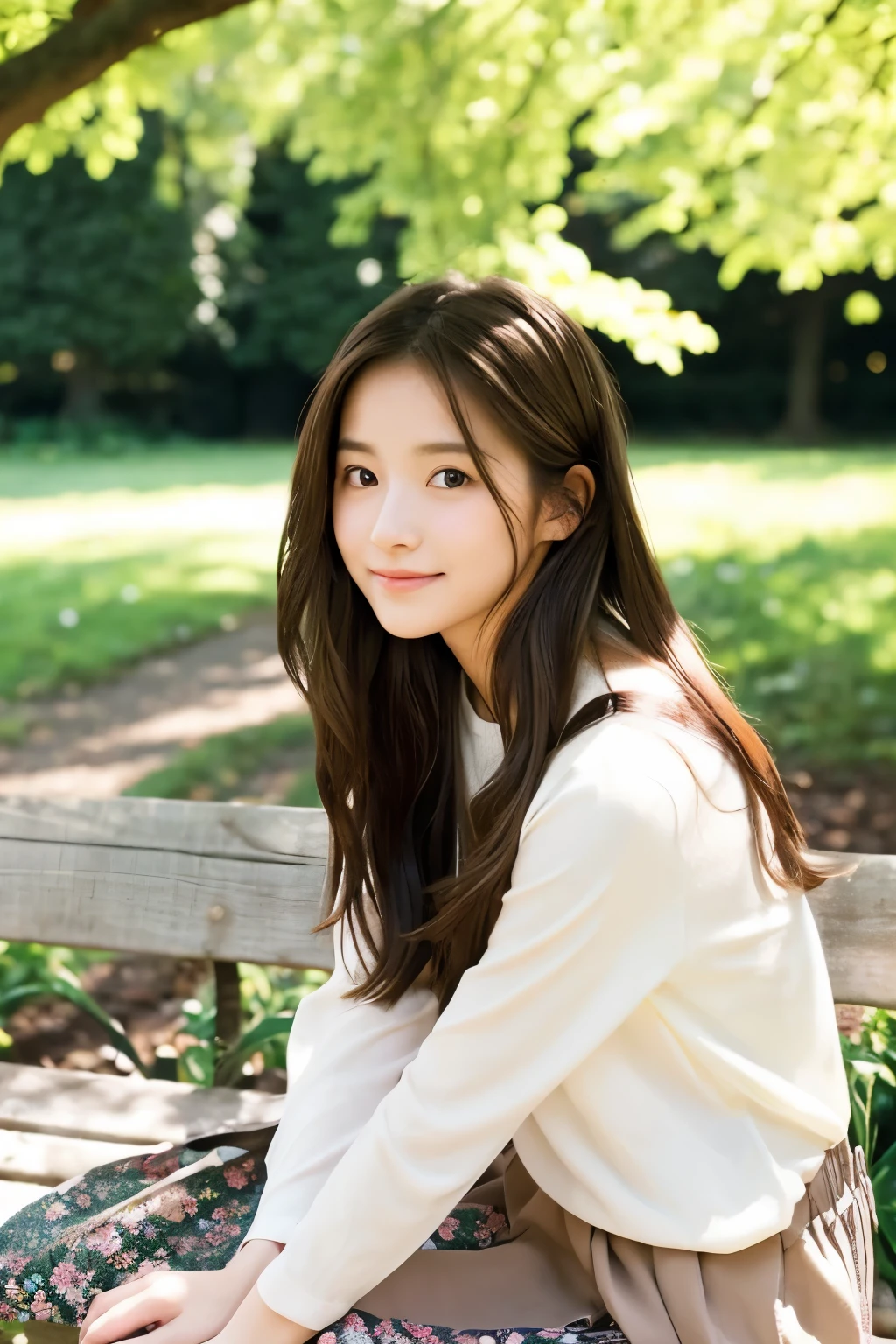 sit on a bench in a quiet park、young woman with natural beauty。She has long brown hair、Has gentle eyes and a soft smile。The clothes she wears are simple and elegant、Gives a casual yet sophisticated look。There are lush trees around々and flowers々There is、The soft spring sunlight gently illuminates her face.。her posture is relaxed、natural and beautiful
