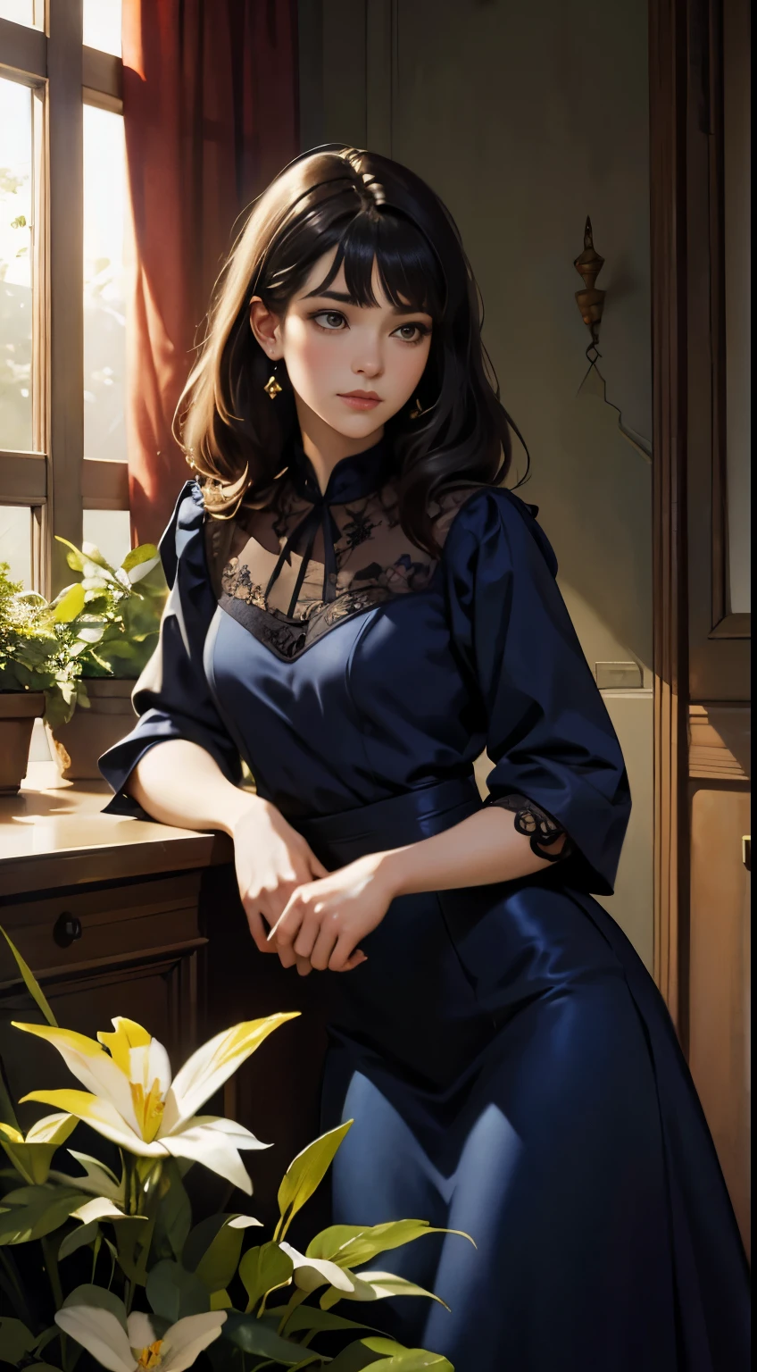 (Sargent style watercolor)、(highest quality、masterpiece)、vivid illumination, enchanting elegance, atmospheric depth, amazing technique, naturalistic expression, harmonious composition, creative sophistication, striking juxtaposition,1 girl,alone,Clothes with atmosphere,University,indoor,endure,garden, flower, peaceful, (vintage, classic)、