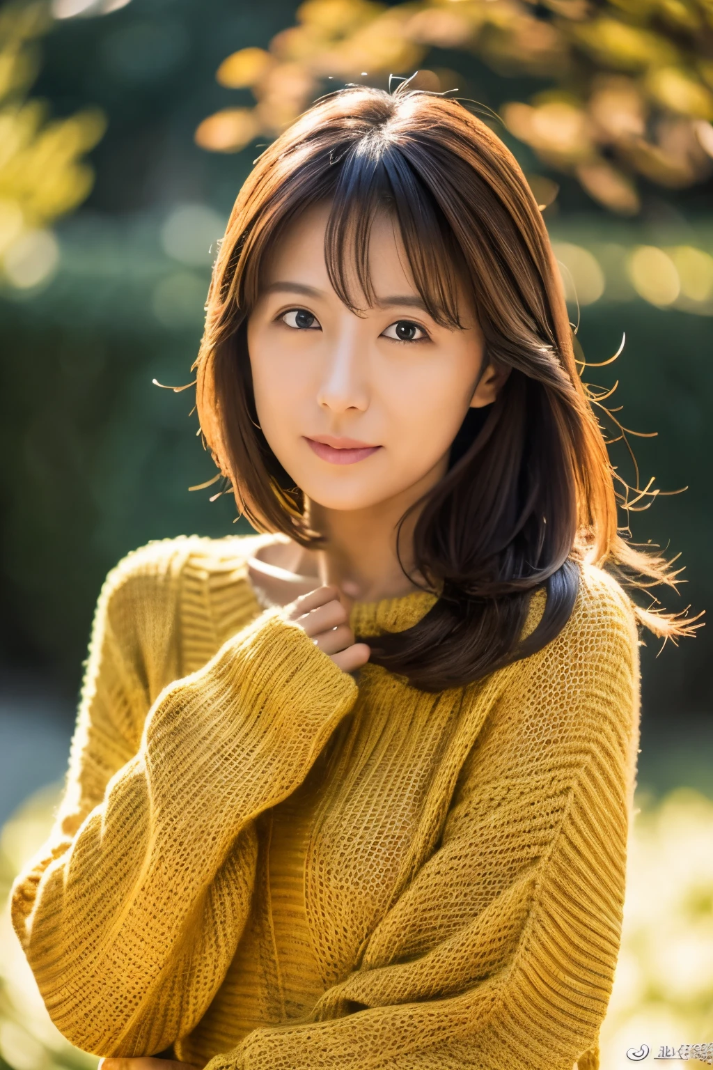 portrait, 8K, high quality, realistic photo images, 39 years old, japanese woman, clear,sexy, Wearing a knitted sweater,Reproduces natural and realistic eyes, japanese stand, waiting for someone, beautiful brown hair, beautiful lighting, golden ratio composition, hair combing gesture, natural background, garden, 4K, high quality, realistic photo images, beautiful, chest, Neat beauty,