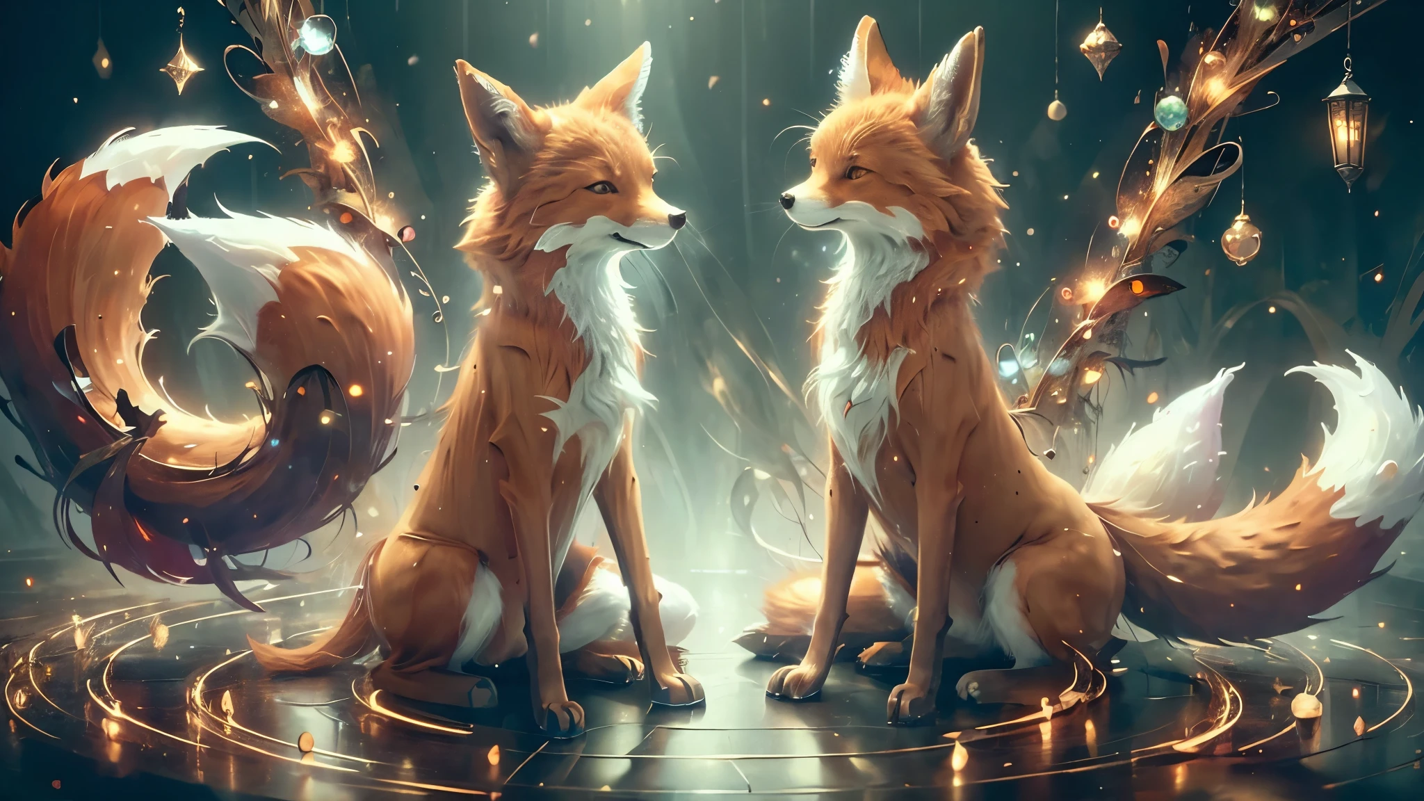 (masterpiece),8k, best quality, curious magical foxes,