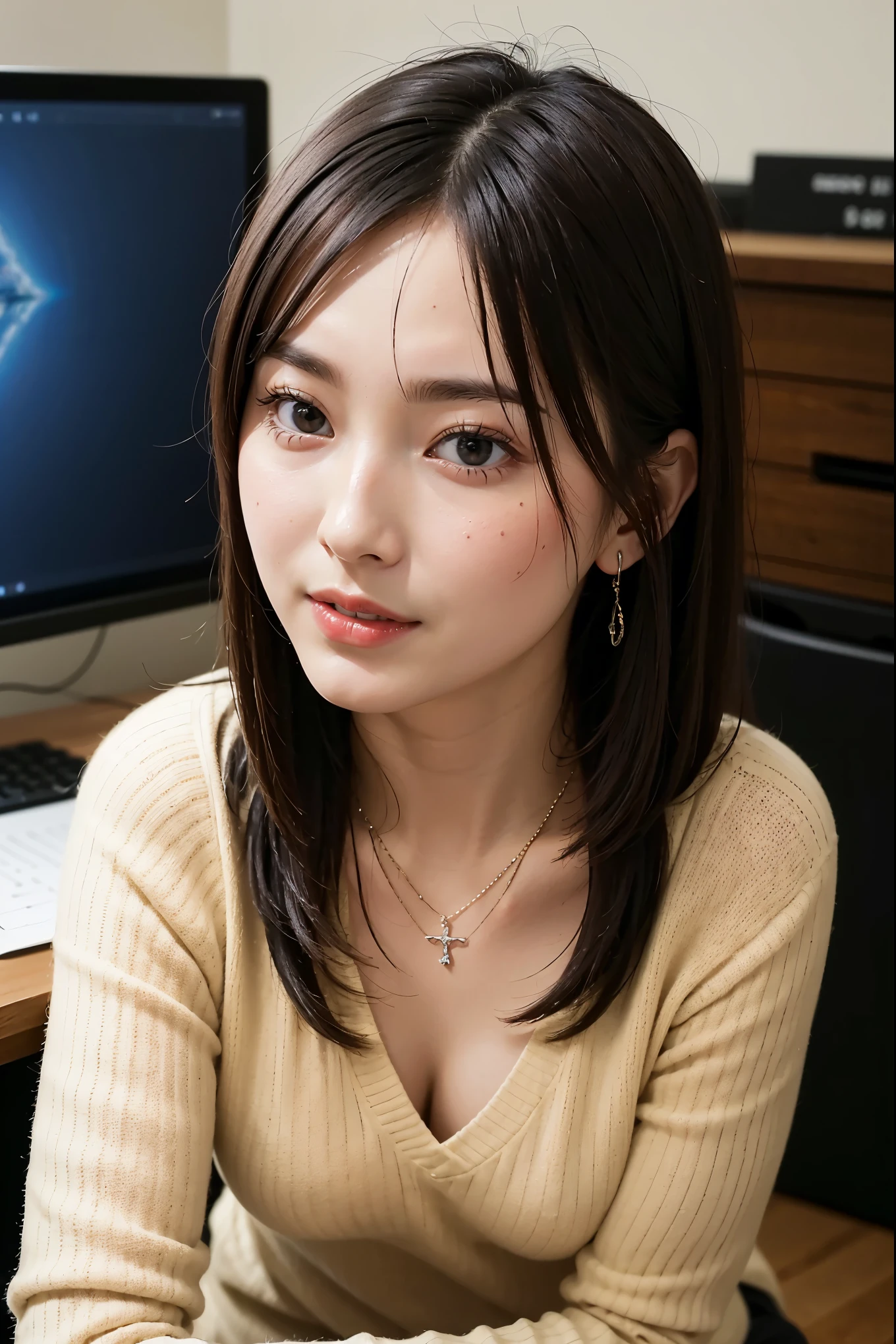 Japanese woman sitting at a desk, looking at me through the desk、Now on air、The front is nice and nice，news program, news clip, smile，high quality news clip, news coverage, 夕方のnews program, tv news, girl, news clip,medium hair、straight hair、vivid v-neck sweater:1.2, necklace、RAW photo, (8k、highest quality、masterpiece:1.2)、(intricate details:1.4)、(Photoreal:1.4)、octane rendering、Ultra-detailed complex 3D renderings, soft light in the studio, rim light, vivid details, super detail, realistic skin texture, details face, beautiful detailed eyes, Highly detailed CG Unity 16k wallpaper, compensate, (detailed background:1.2),