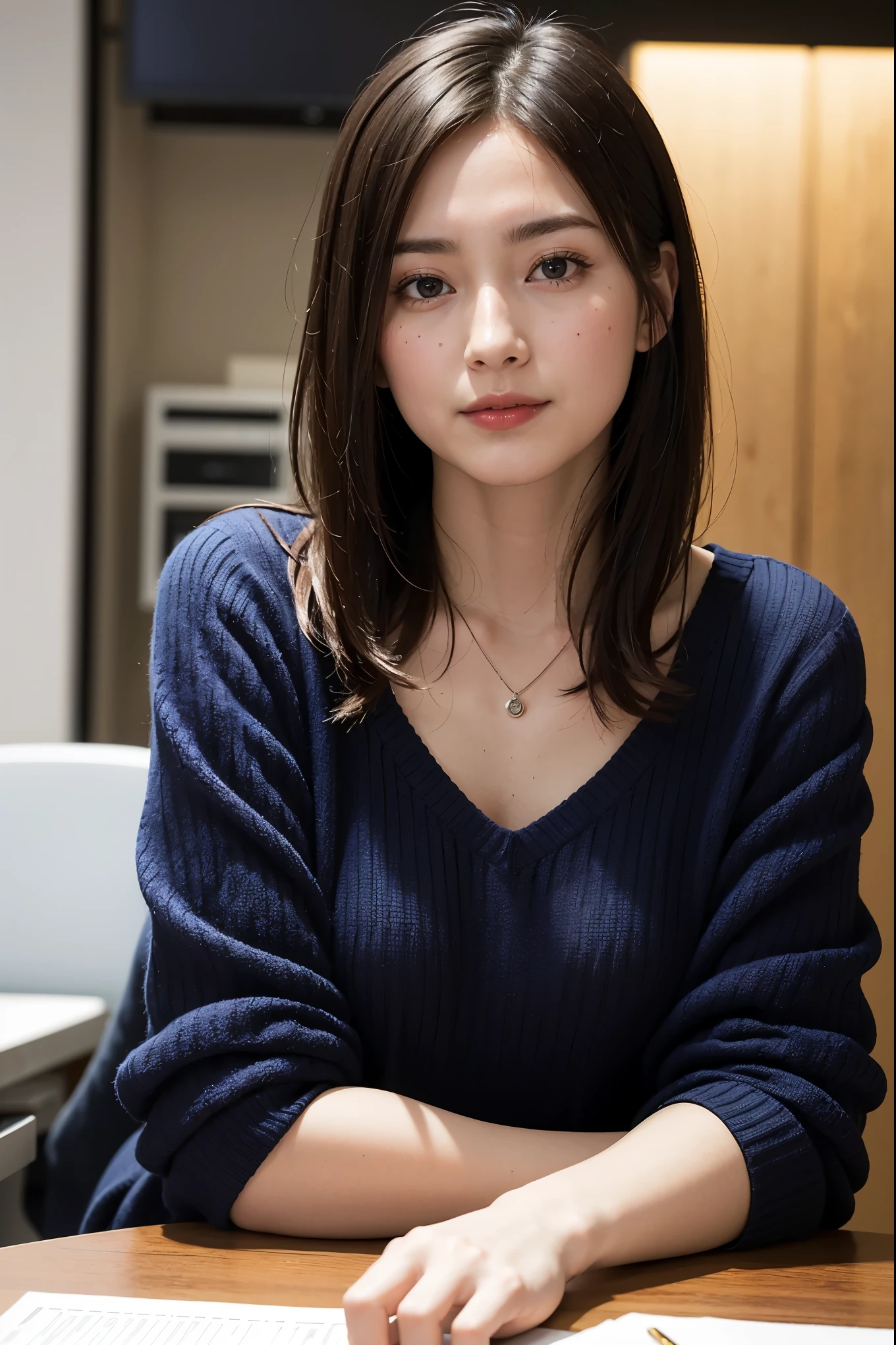 Japanese woman sitting at a desk, looking at me through the desk、Now on air、The front is nice and nice，news program, news clip, smile，high quality news clip, news coverage, 夕方のnews program, tv news, girl, news clip,medium hair、straight hair、vivid v-neck sweater:1.2, necklace、RAW photo, (8k、highest quality、masterpiece:1.2)、(intricate details:1.4)、(Photoreal:1.4)、octane rendering、Ultra-detailed complex 3D renderings, soft light in the studio, rim light, vivid details, super detail, realistic skin texture, details face, beautiful detailed eyes, Highly detailed CG Unity 16k wallpaper, compensate, (detailed background:1.2),