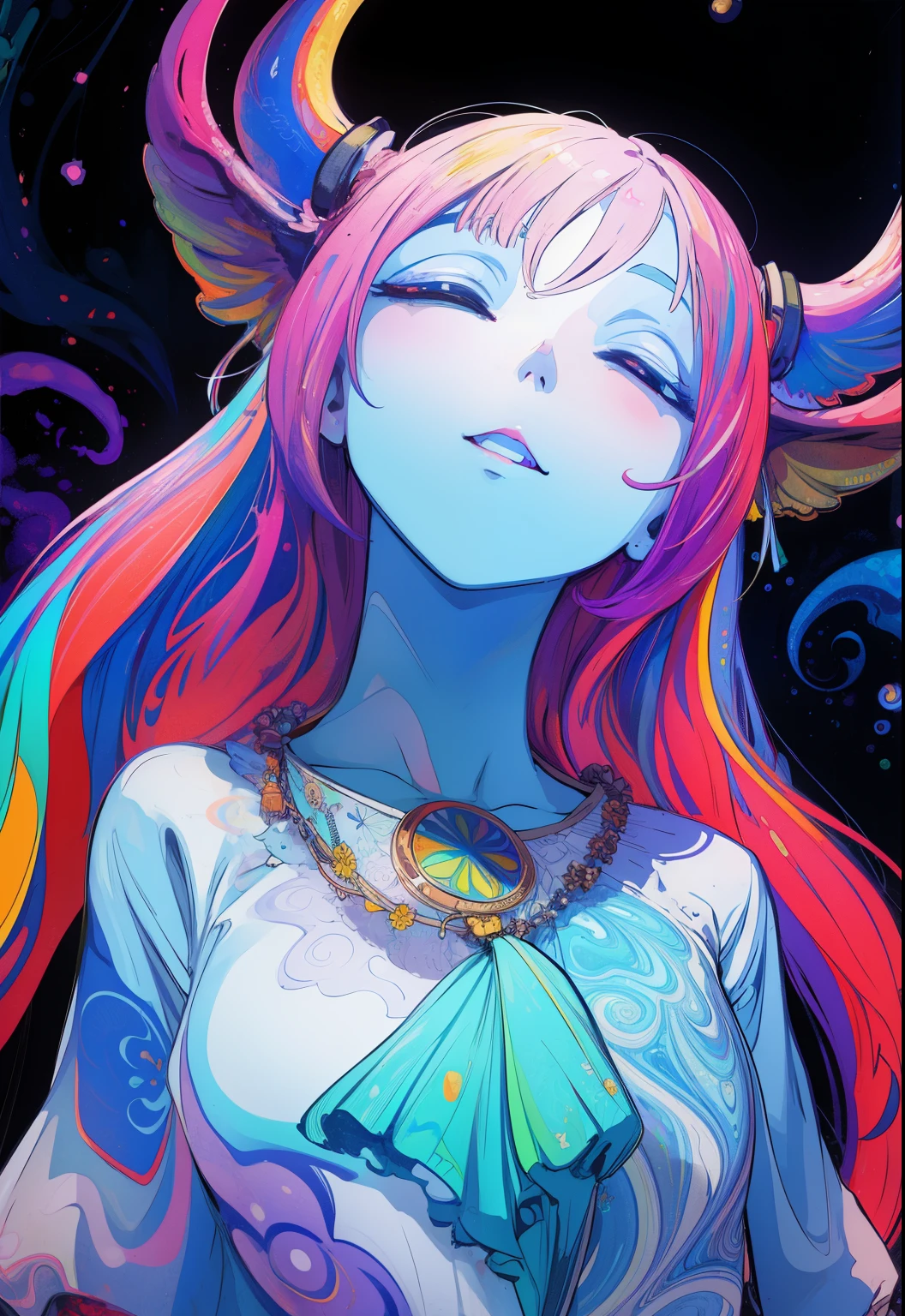 (psychedelic art:1.5), (look up:1.2),goat，personification， complicated clothes, Upper body, eyes closed,goat, ,There are flowers,