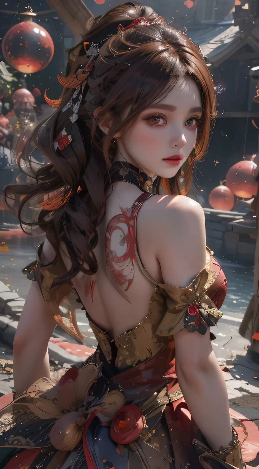 （Modify hair only、Face）Reddish-brown hair，Long curly hair，high ponytail，red headdress，red eyes，red eye，red pupils，Delicate and detailed eyes，sparkling eyes，huge ，many sphere background