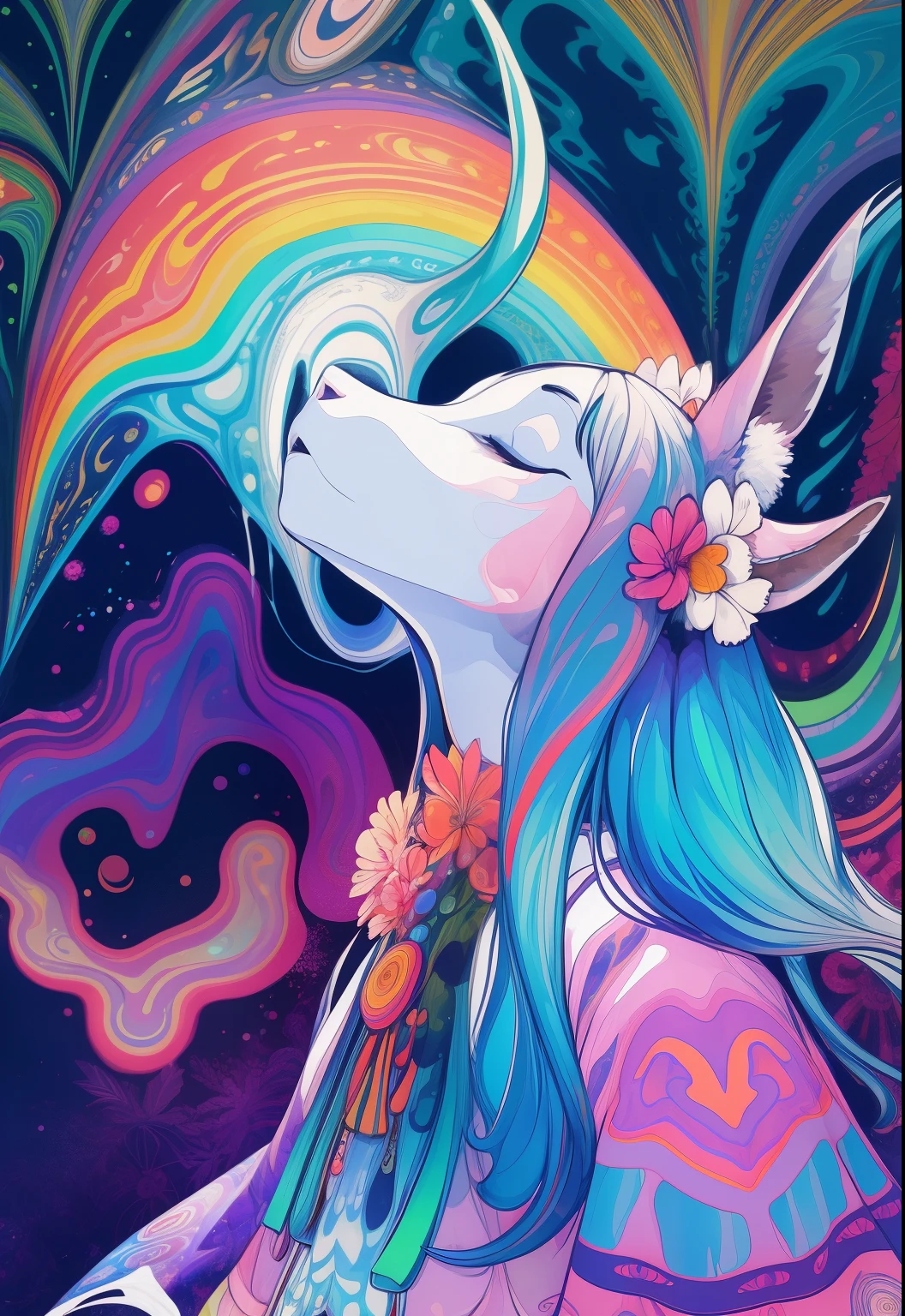 (psychedelic art:1.5), (look up:1.2),goat,personification, complicated clothes, Upper body, eyes closed,goat, ,There are flowers,