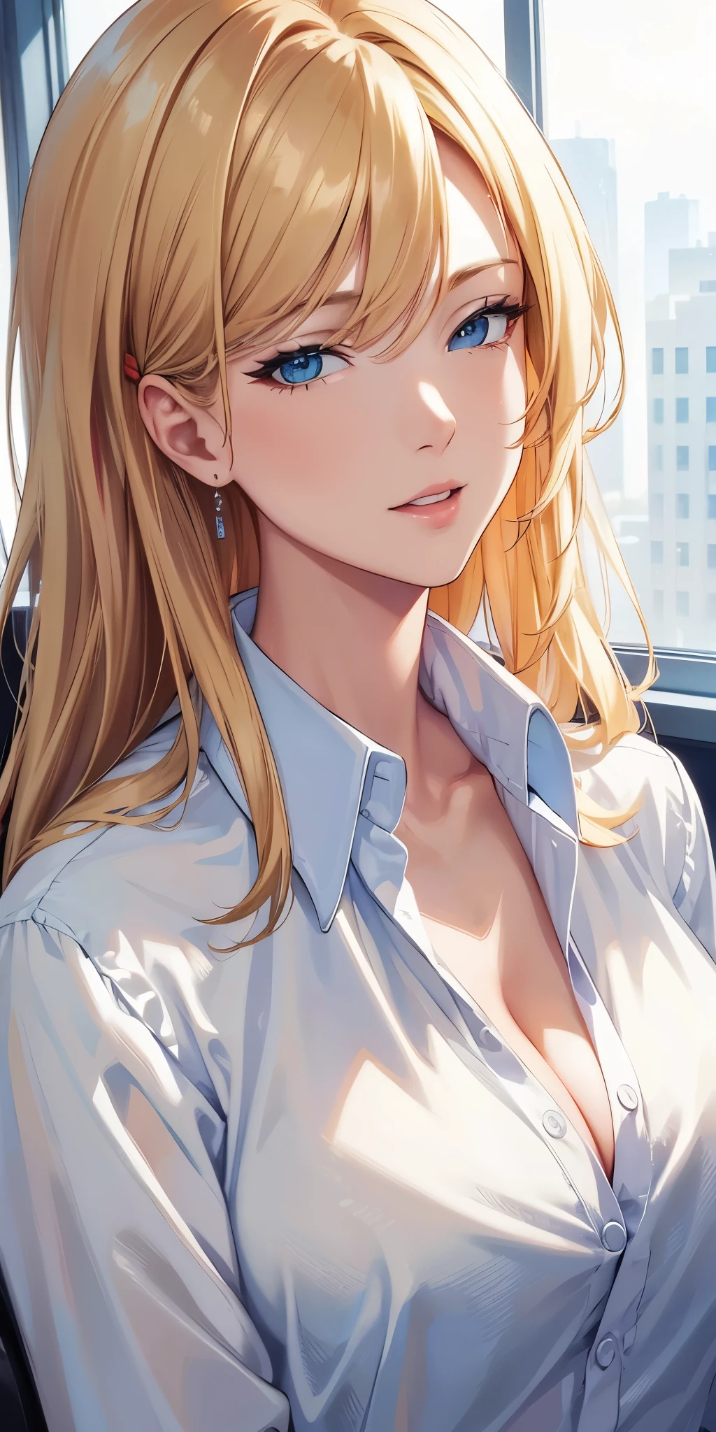 (best quality, highres), portrait, elegant boss lady, long straight hair, swept-side bang, [[[brown hair]]], blonde hair, office shirt, cleavage, office window, digital art