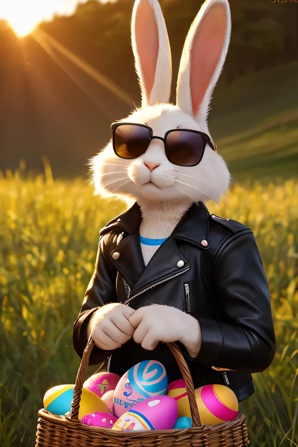 8k, ultra high detail, ultra high resolution, ultra realistic, unreal engine, ultra high quality, ultra high definition, cinematic, cool bunny rabbit, wearing sunglasses and leather jacket, wearing snickers, a basket of Easter eggs floating everywhere, sun in the background