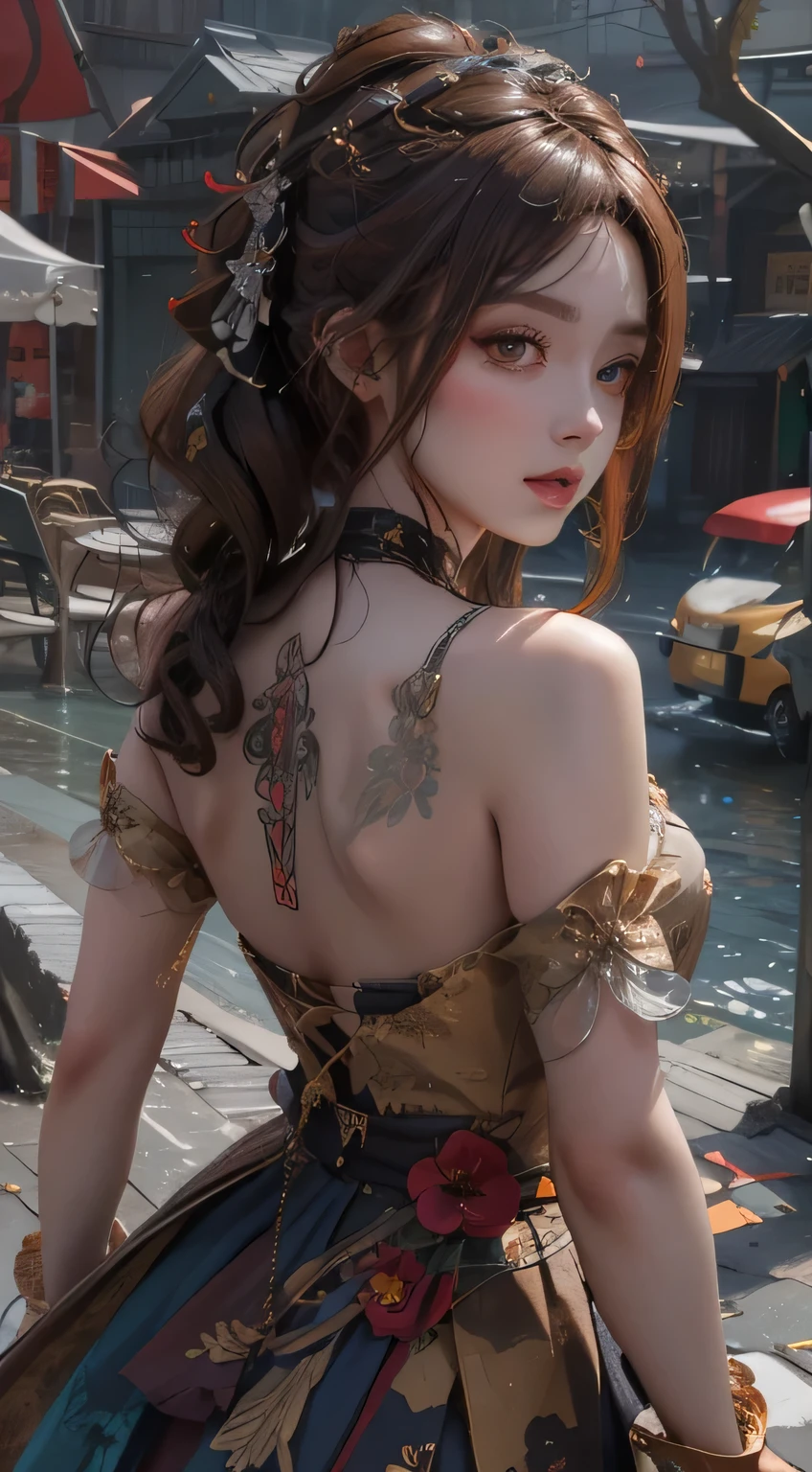 （Modify hair only、Face）Reddish-brown hair，Long curly hair，high ponytail，red headdress，red eyes，red eye，red pupils，Delicate and detailed eyes，sparkling eyes，huge 