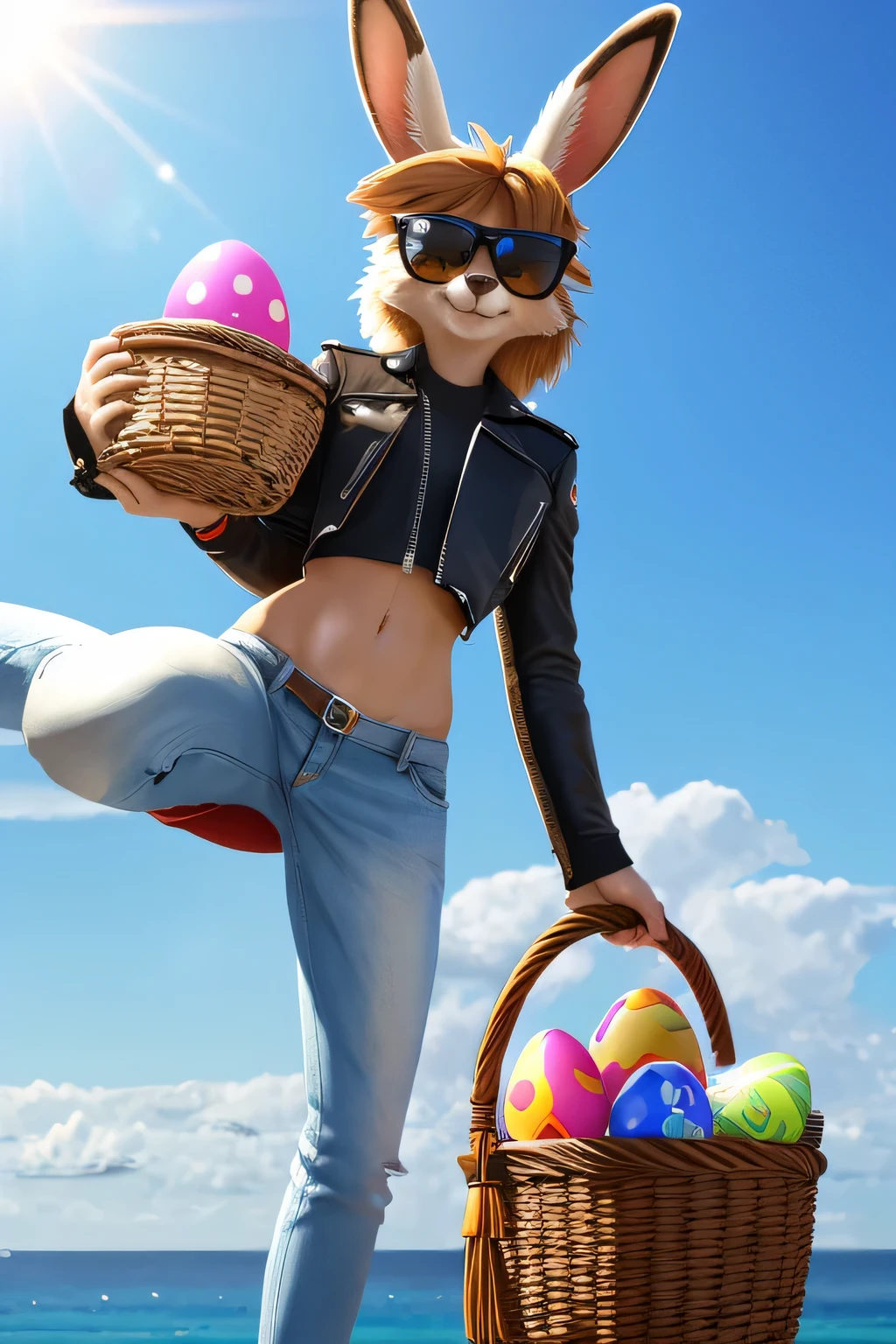 8k, ultra high detail, ultra high resolution, ultra realistic, unreal engine, ultra high quality, ultra high definition, cinematic, cool bunny rabbit, wearing sunglasses and leather jacket, wearing snickers, a basket of Easter eggs floating everywhere, sun in the background