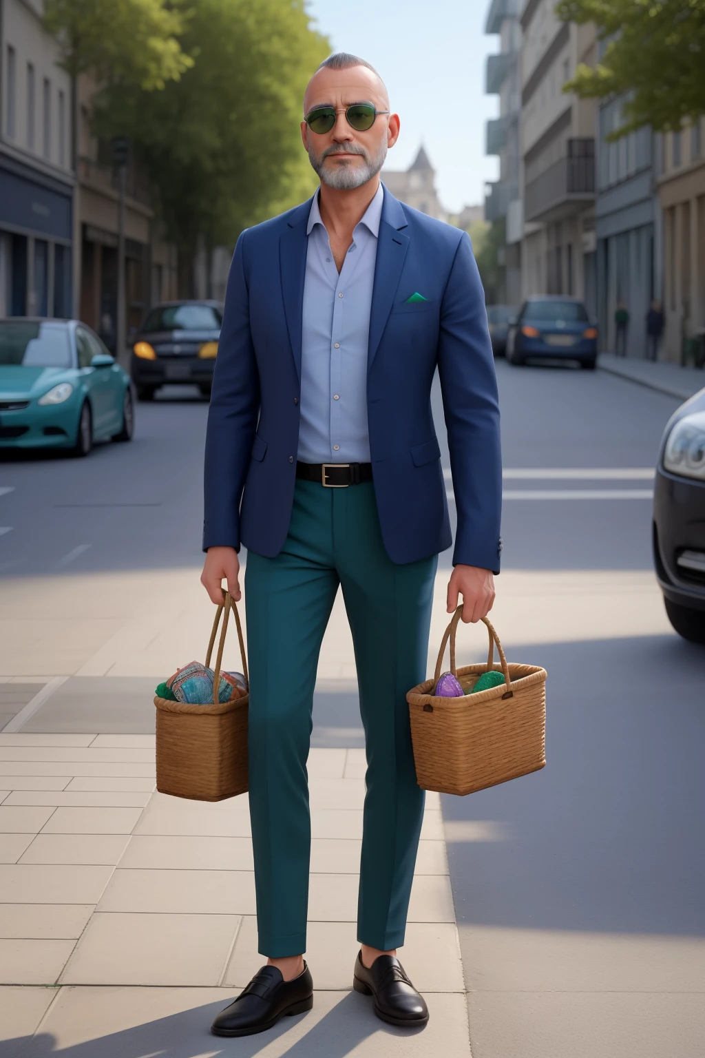 Un homme de 52 ans, chauve, visage de diamant, Regard strict, et des yeux verts et bruns, barbe courte, portant une chemise bleue claire et des lunettes aux montures translucides, un pantalon type chino de couleur caramel, des baskets blanches.