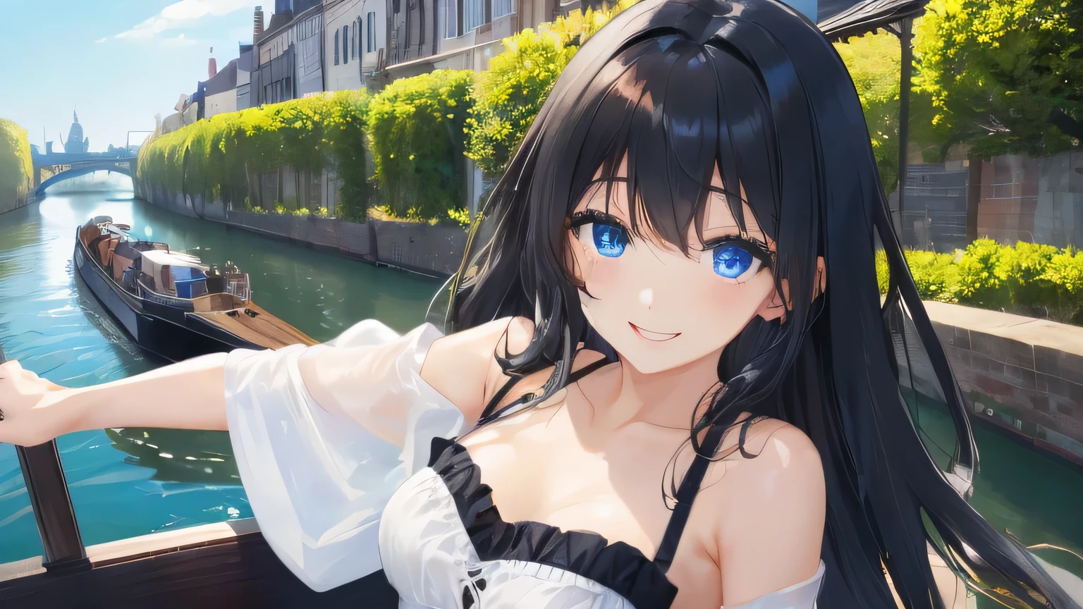 woman、black long hair、perm from the shoulders down、blue eyes、smile、small bust、white dress、canal boat ride