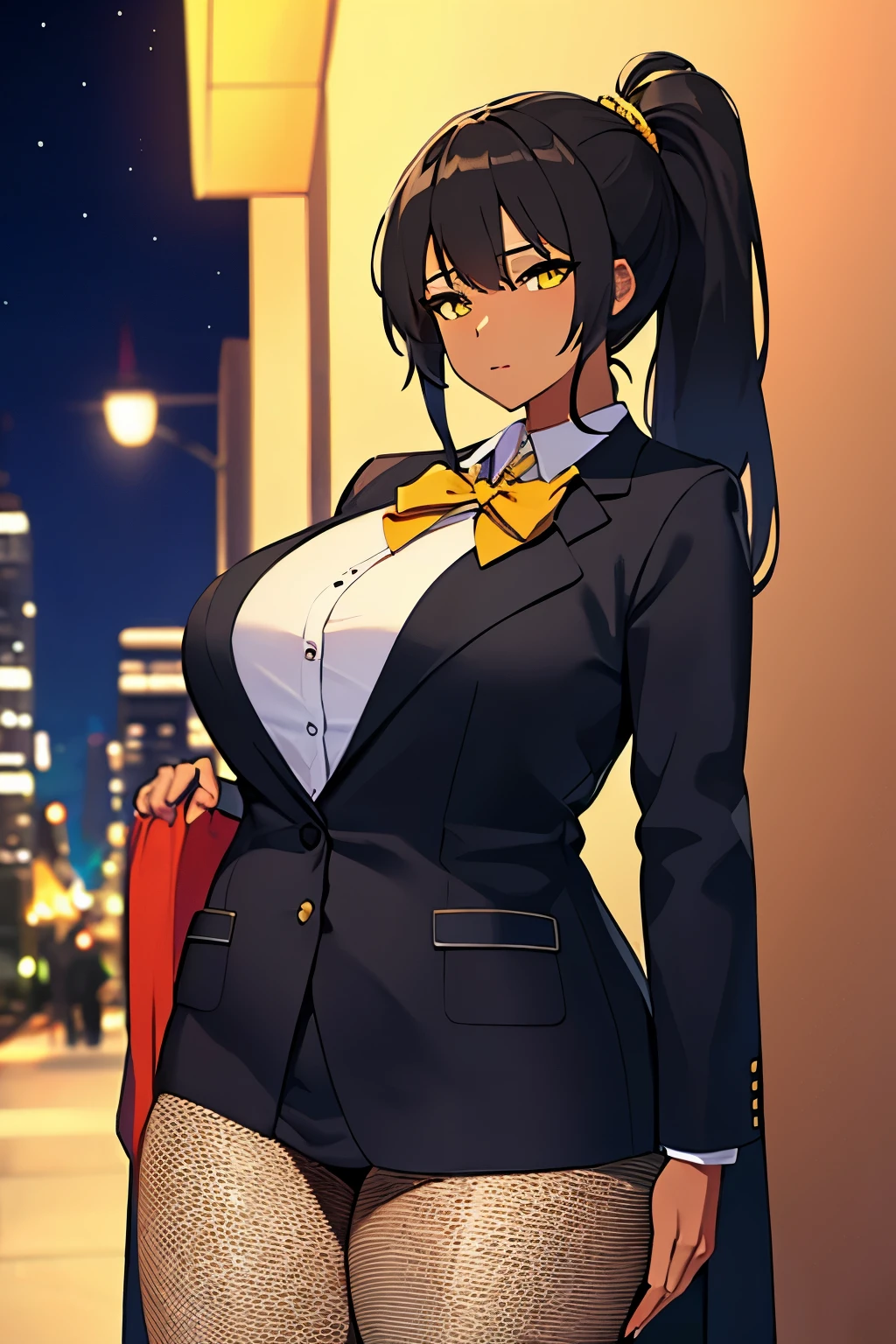 ((highest quality)), ((masterpiece)), (get used to it), perfect face、long coat、plump thighs、plump breasts、black skin、ponytail、long hair、black hair、school uniform、yellow eyes、Fishnet tights、show one&#39;s side、downtown at night