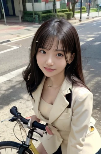 (8k, raw photo, best quality, masterpiece:1.2), (realistic, photo realistic:1.37),perfect ,
Japanese woman,black hair,27 years old,
(slender),
(small breasts),
nsfw,laughing, (riding bicycle:1.2), hair over one eye, wavy hair, (light yellow business suit, white skirt*1.3),on the street, (full body shot), low angle shot, dutch angle shot