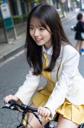 (8k, raw photo, best quality, masterpiece:1.2), (realistic, photo realistic:1.37),perfect ,
Japanese woman,black hair,27 years old,
(slender),
(small breasts),
nsfw,laughing, (riding bicycle:1.2), hair over one eye, wavy hair, (light yellow business suit, white skirt*1.3),on the street, (full body shot), low angle shot, dutch angle shot